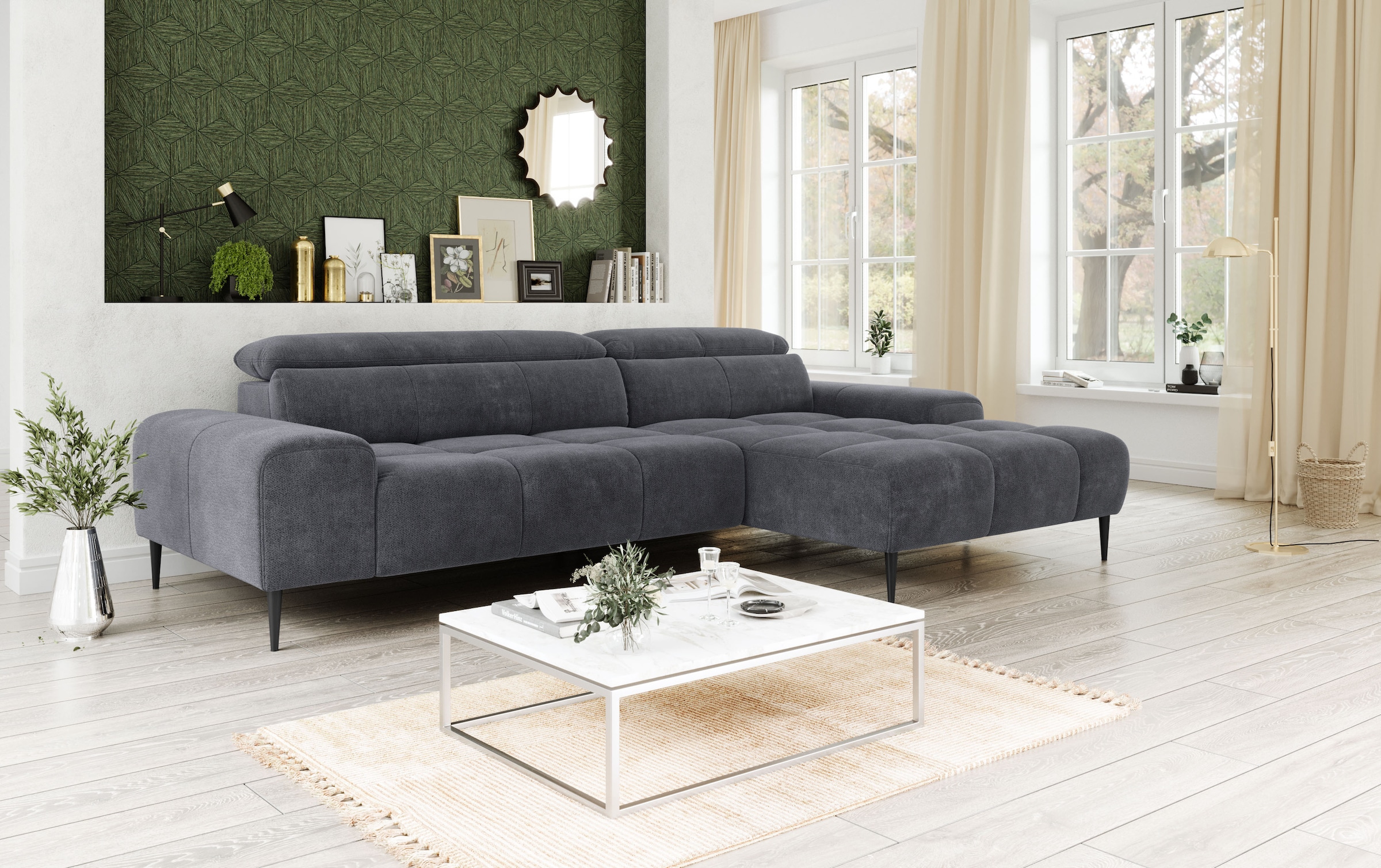 Ecksofa COTTA "Theo L-Form, B: 290 cm", coal, B:290cm T:182cm, 92% POLYESTER (PES) / 8% POLYAMID (PA), Sofas, Ecksofa, mit Kopfteilverstellung, optional Sitztiefenverstellung