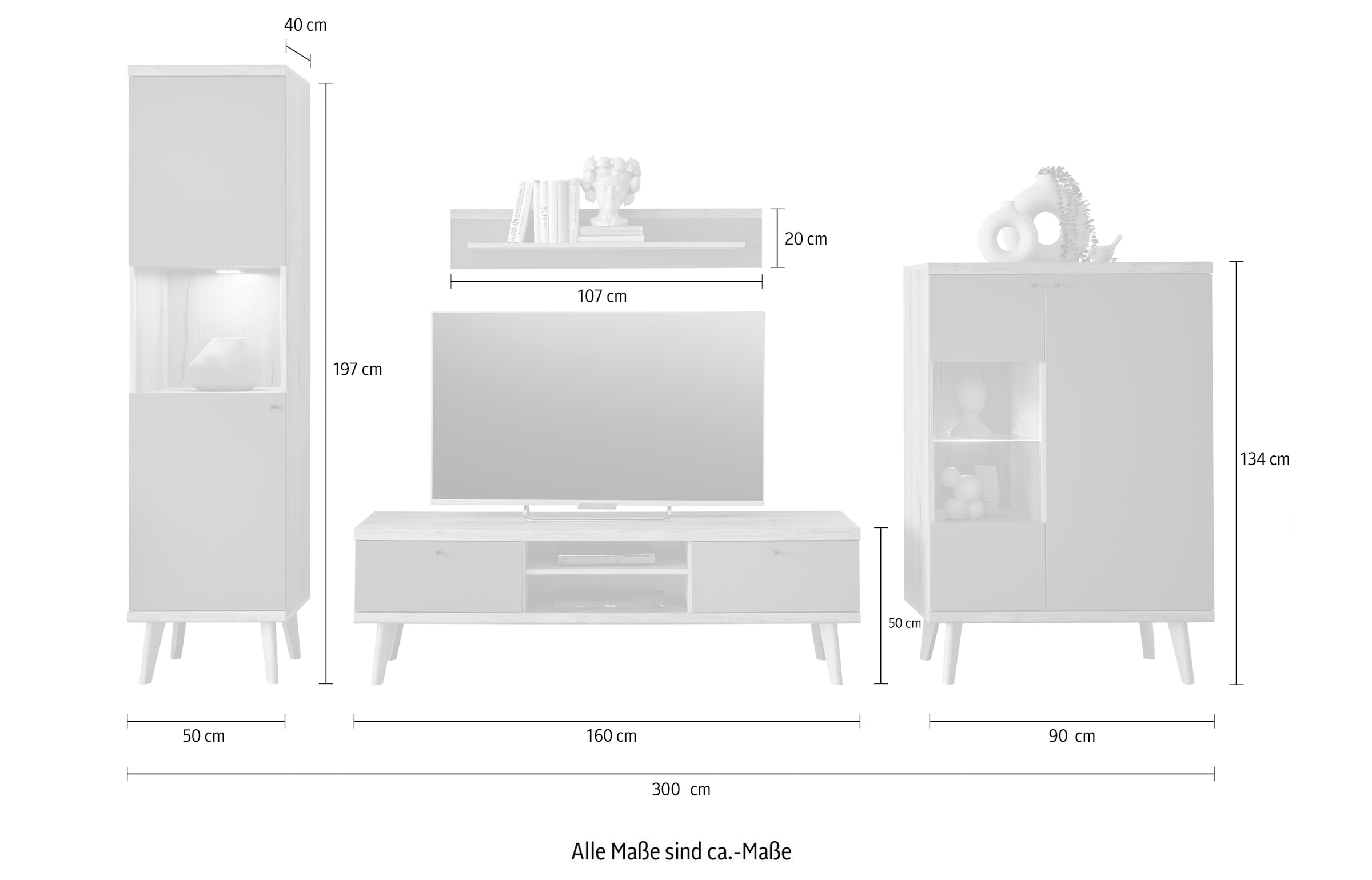 INOSIGN Wohnwand »MAVAS«, (Set, 4 St.), in moderner Trendfarbe, Griffe aus Metall (Schwarz), Breite 320 cm