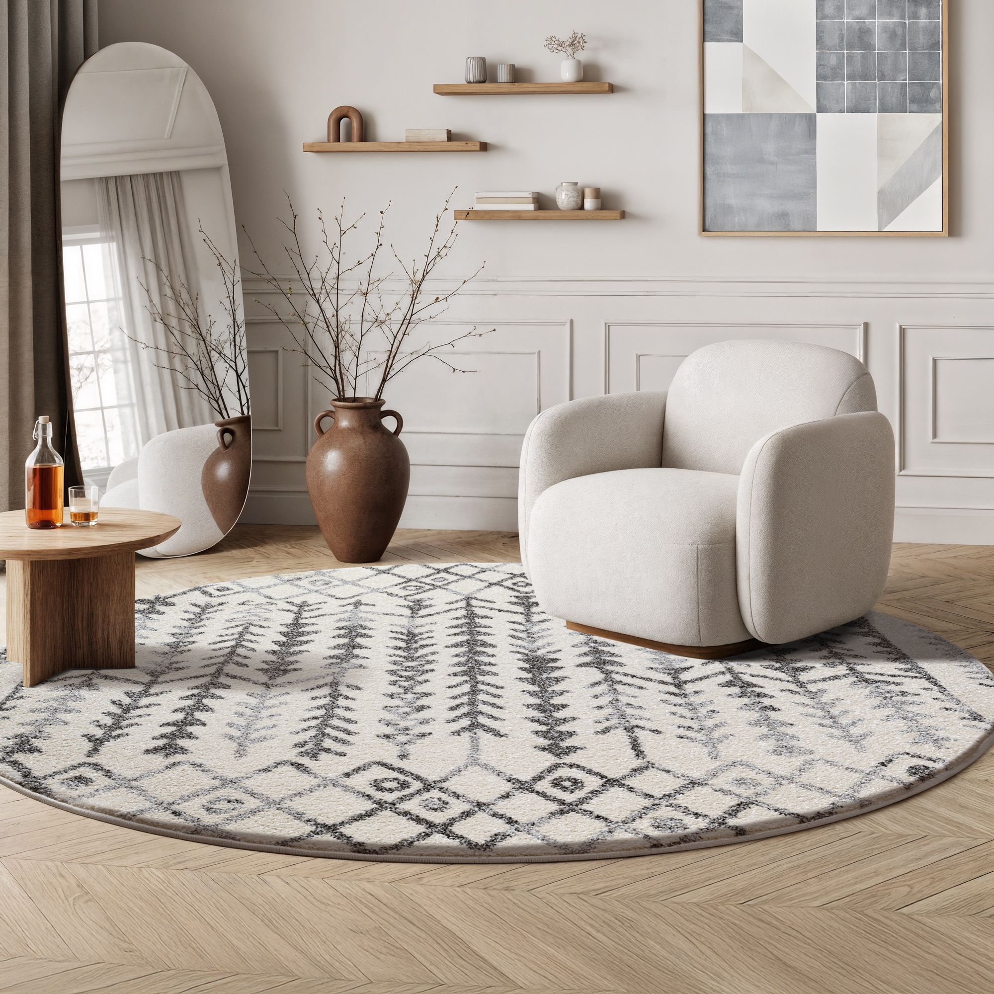 Teppich SANAT "Boho 8204", creme, H:10mm Ø:150cm, Kunstfaser, Teppiche, Teppich, Kurzflor, robust, Boho, Scandic, für Fussbodenheizung geeignet