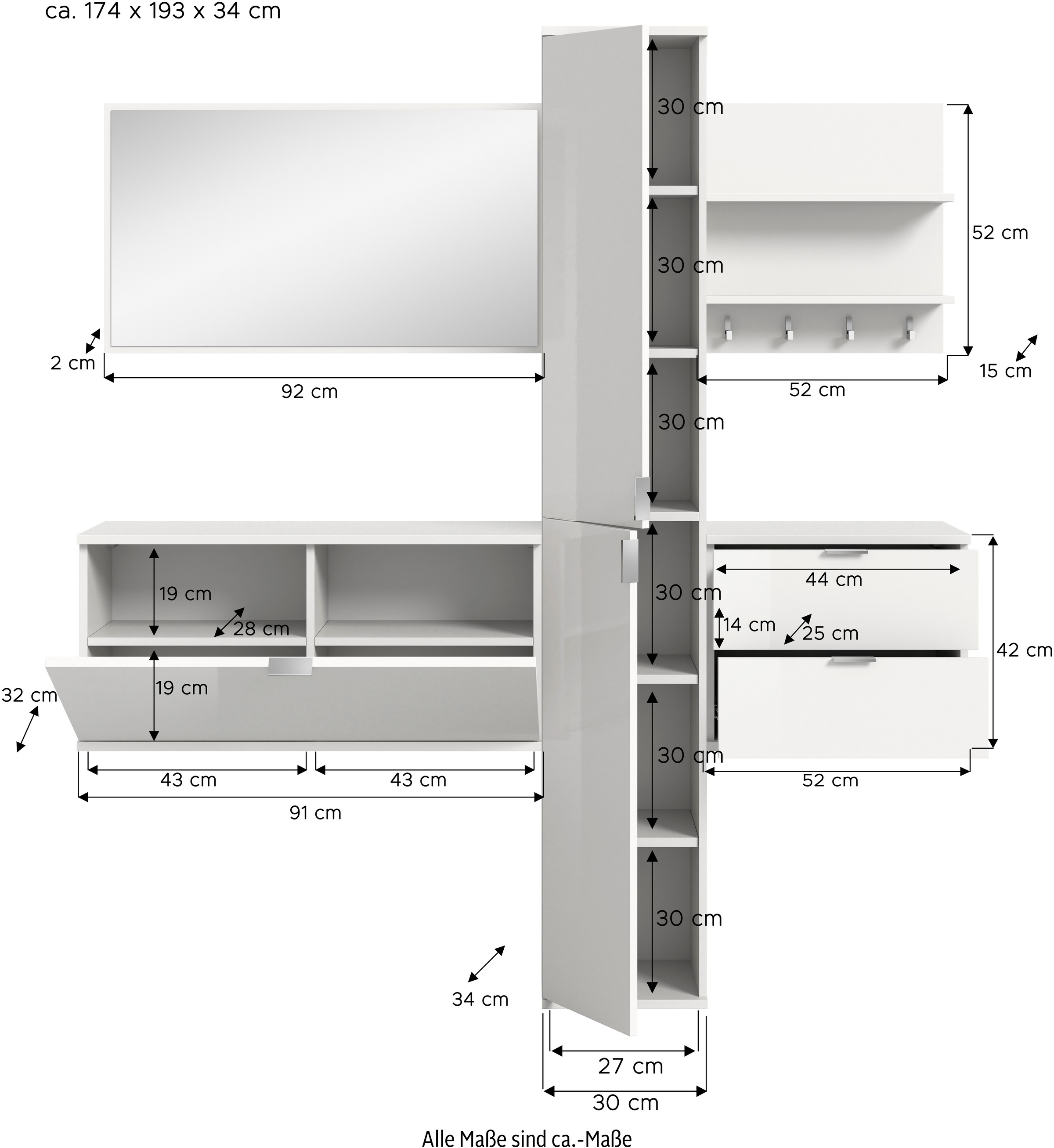 INOSIGN Garderoben-Set, (5 St.), Trondheim, Garderobenset 5-tlg., Breite 174 cm, Flur, Diele, Garderobe