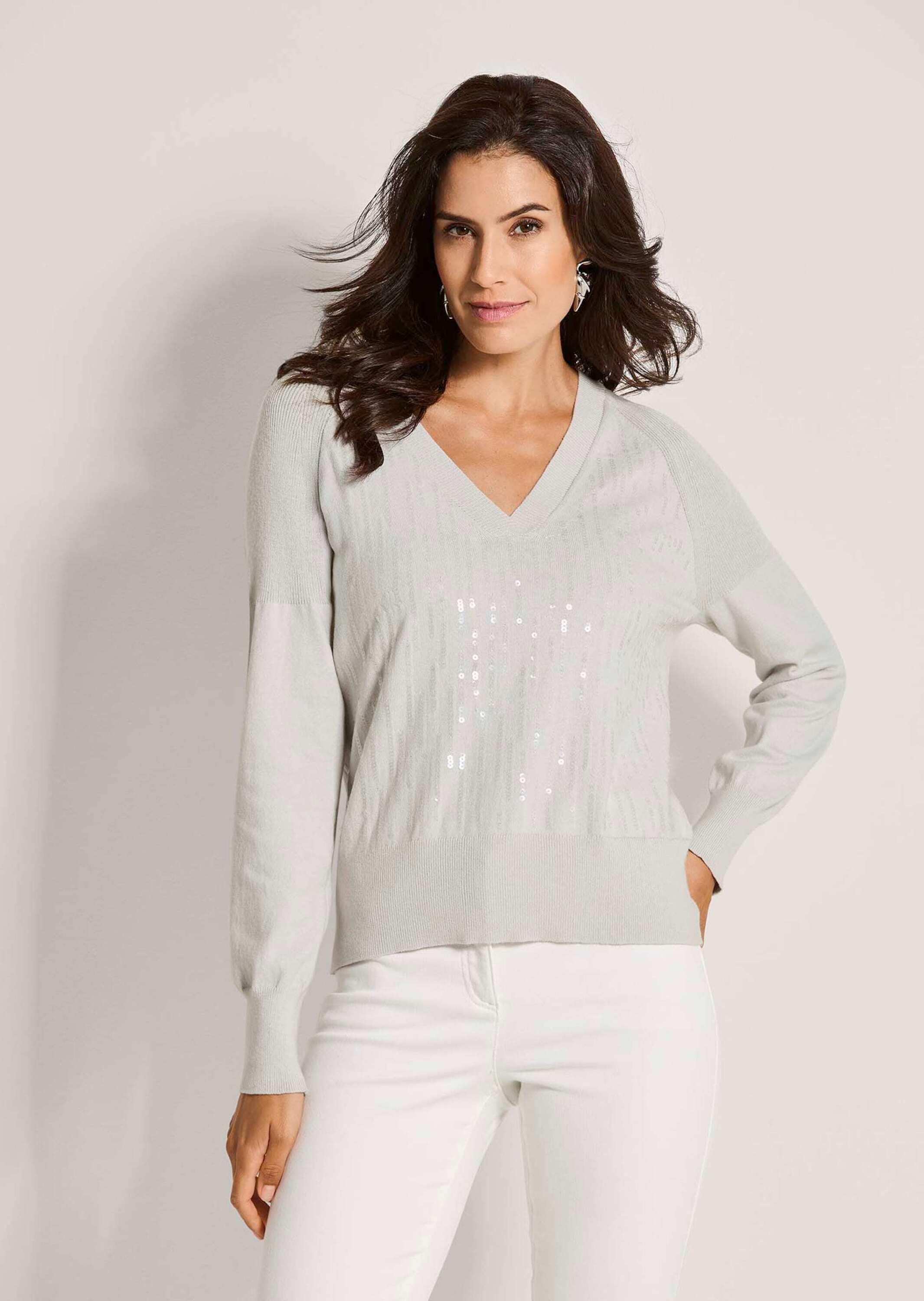 MADELEINE Longpullover »Feinstrickpullover Baumwollpullover mit Pailletten« Pailletten im Vorderteil