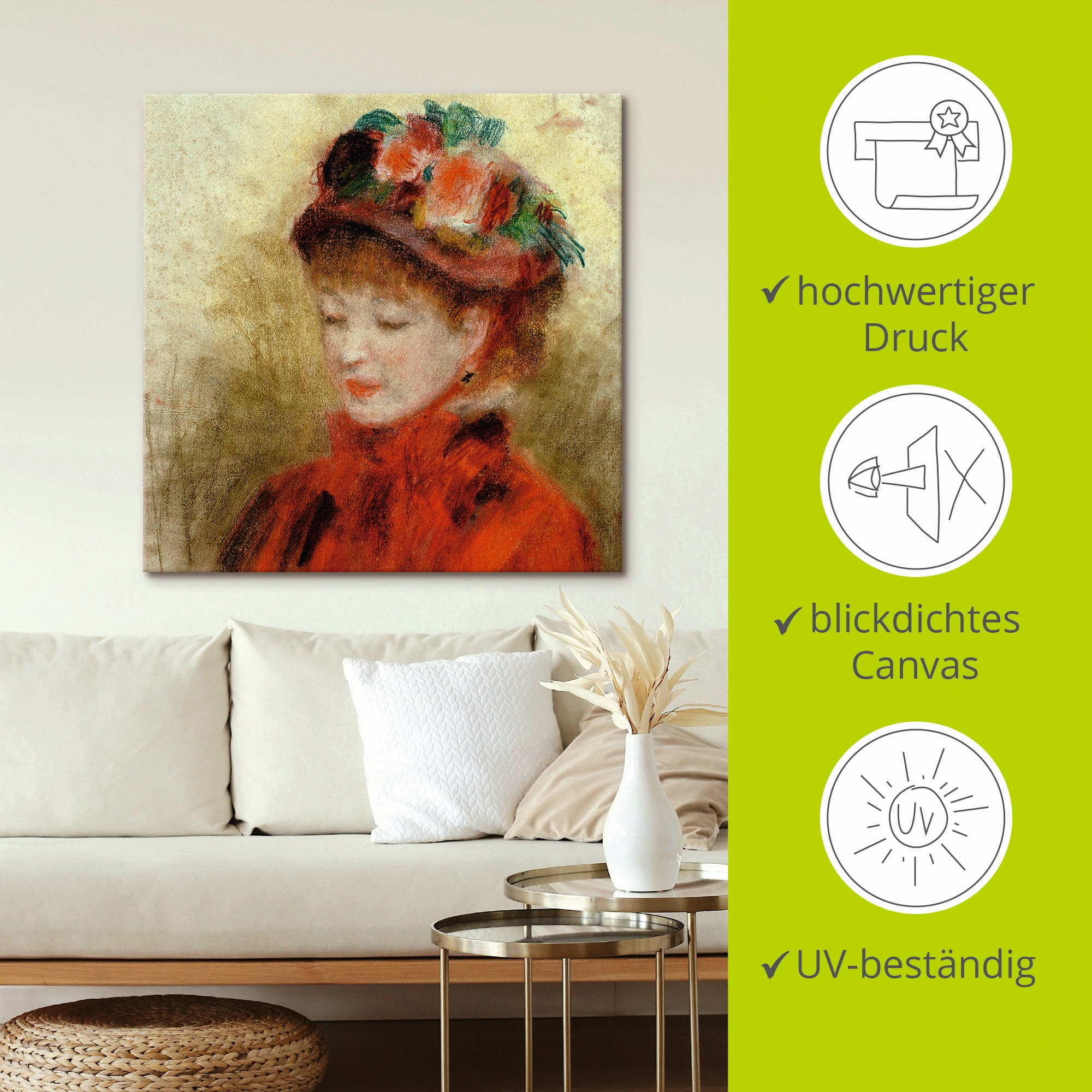Artland Leinwandbild »Junge Frau mit Blumenhut«, Frau, (1 St.), auf Keilrahmen gespannt