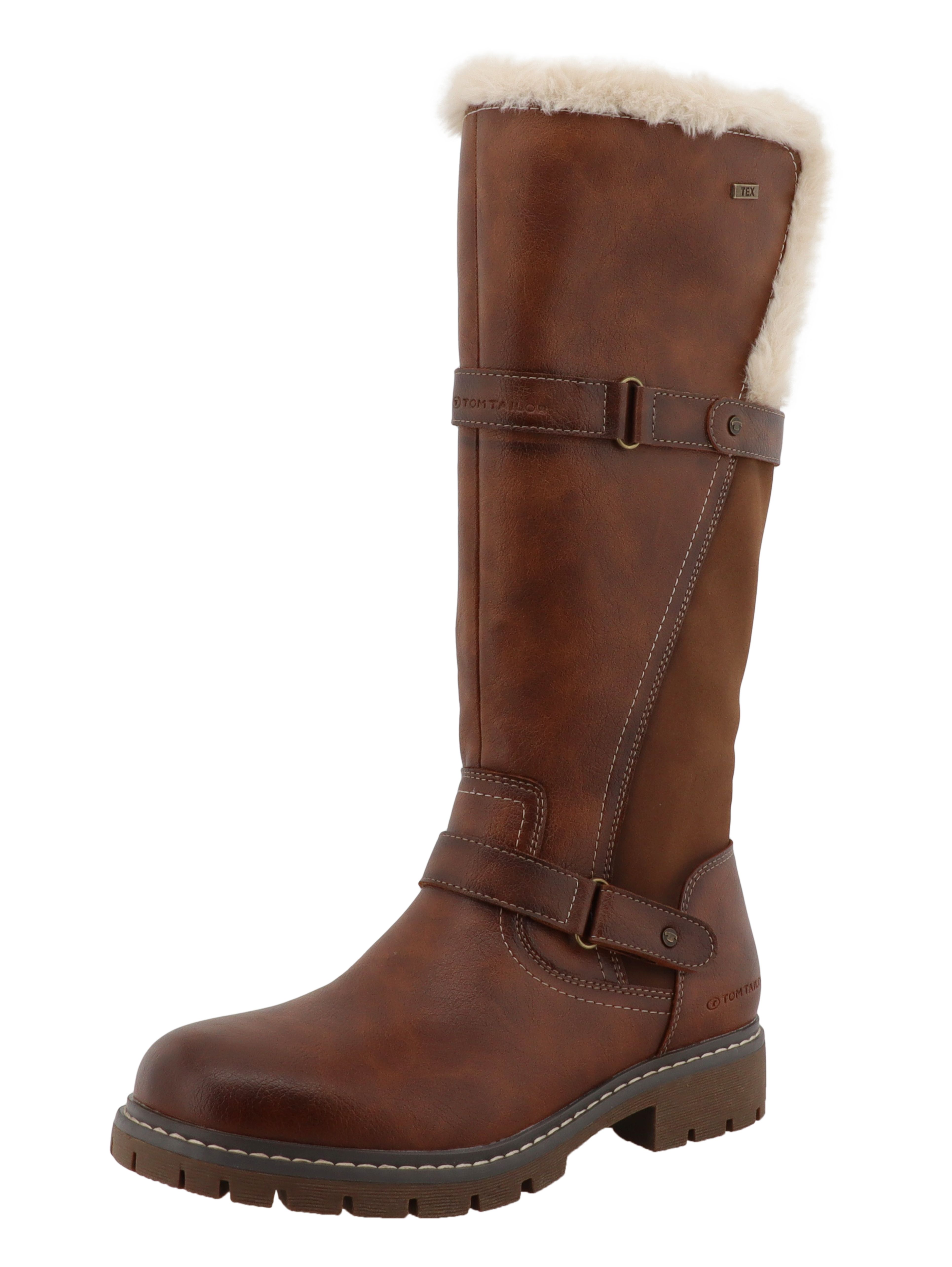 TOM TAILOR Winterstiefel Blockabsatz, Langschaftstiefel mit Fellimitat und Zierschnallen