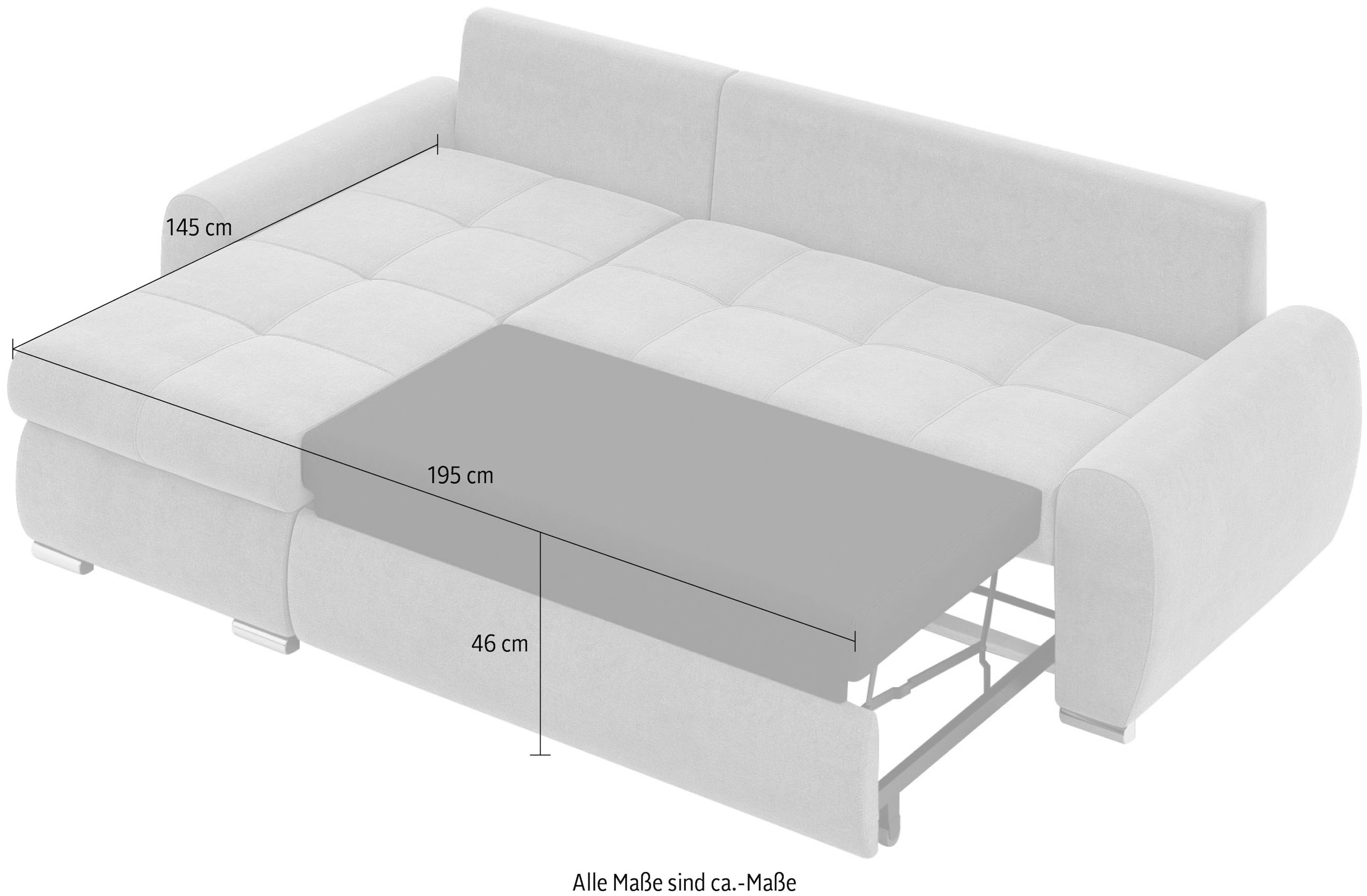INOSIGN Ecksofa »HAVERHILL Schlafsofa mit Bettkasten, Maße B/H/T: 237/89/166 cm«, L-Form mit Recamiere links oder rechts bestellbar, Wellenunterfederung