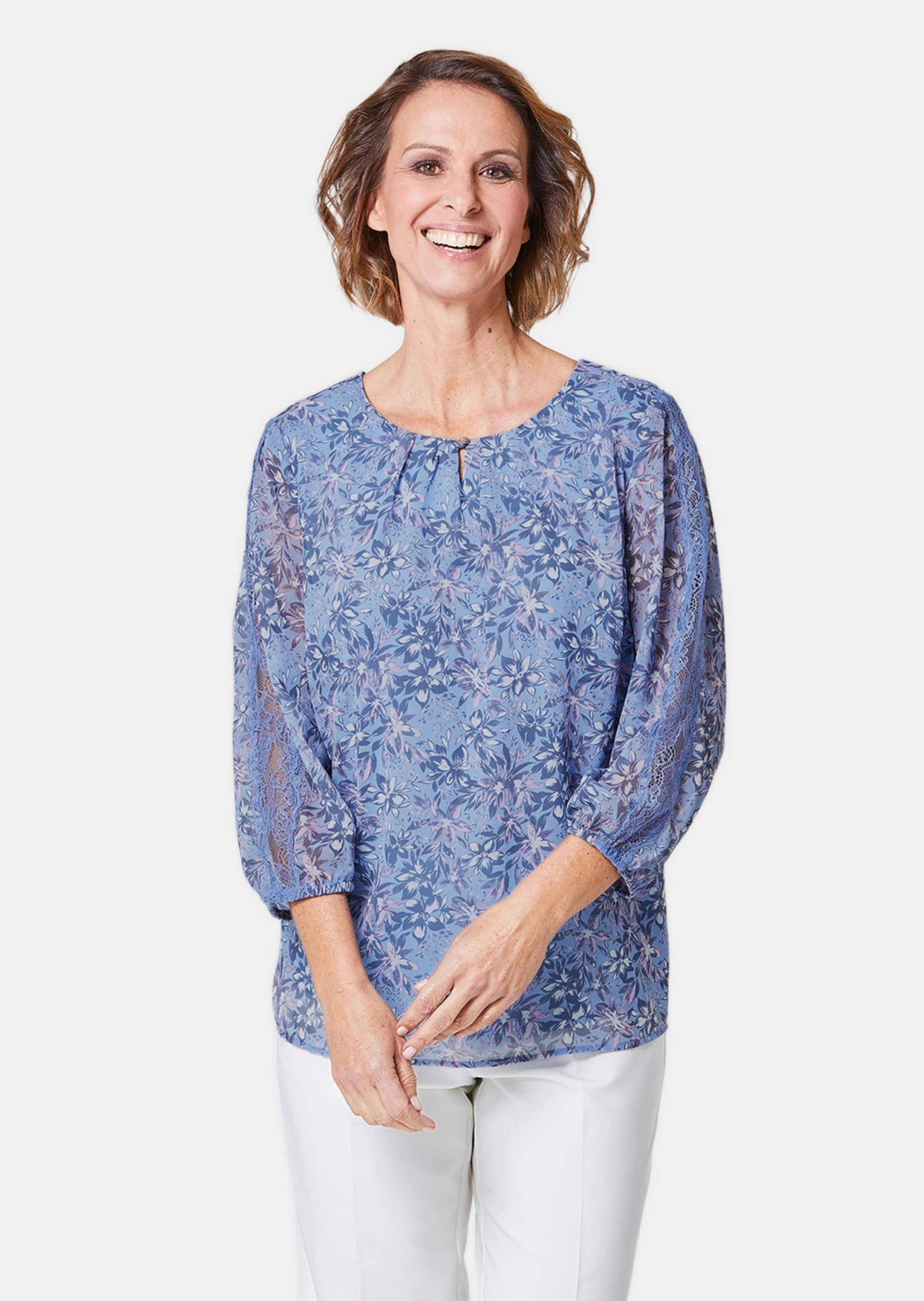 GOLDNER Kurzarmbluse "Kurzgröße Chiffonbluse mit farbbrillantem Druck" Ohne günstig online kaufen