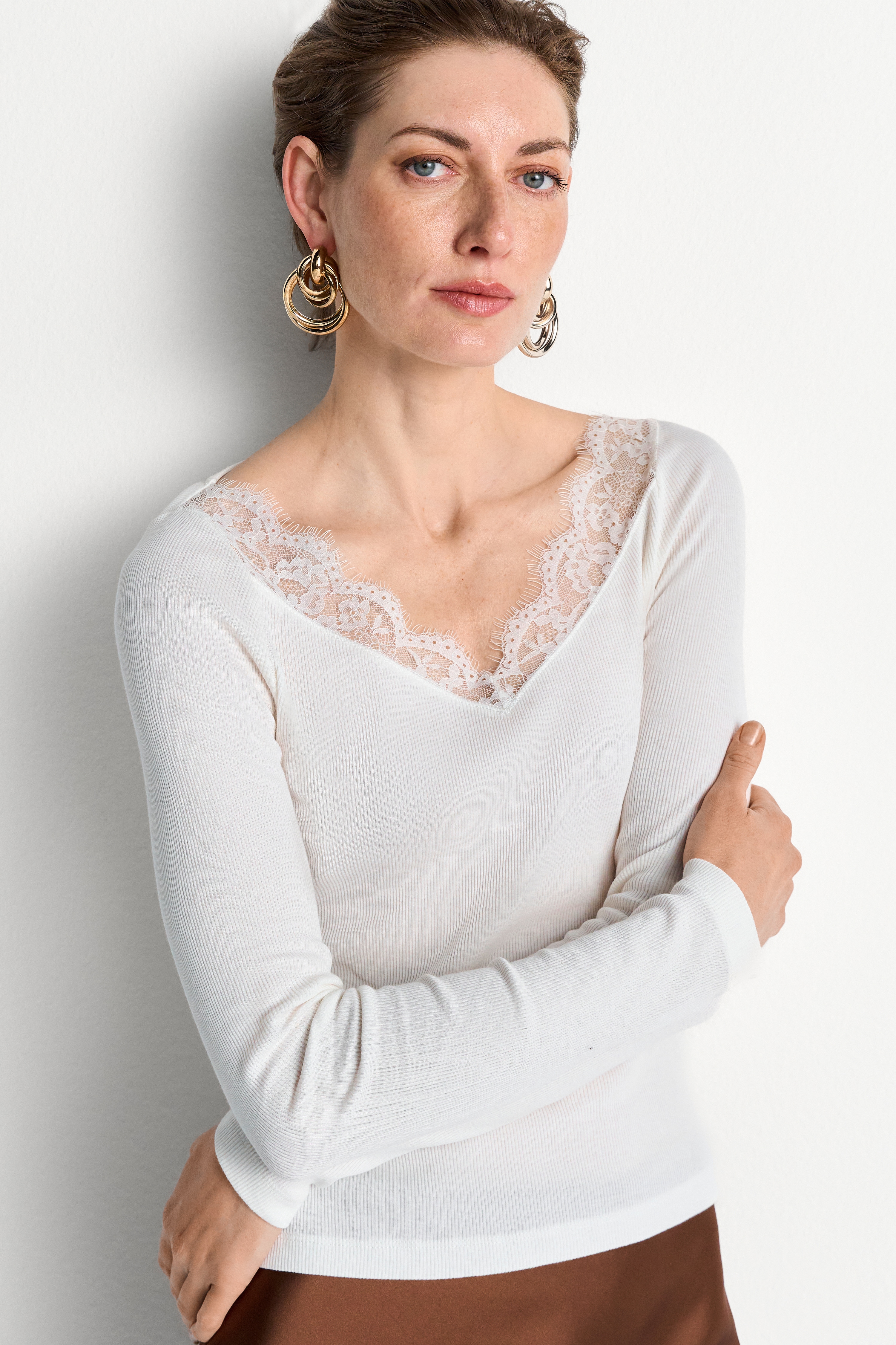 RICHROYAL Longsleeve elaganter V-Ausschnitt mit Spitze