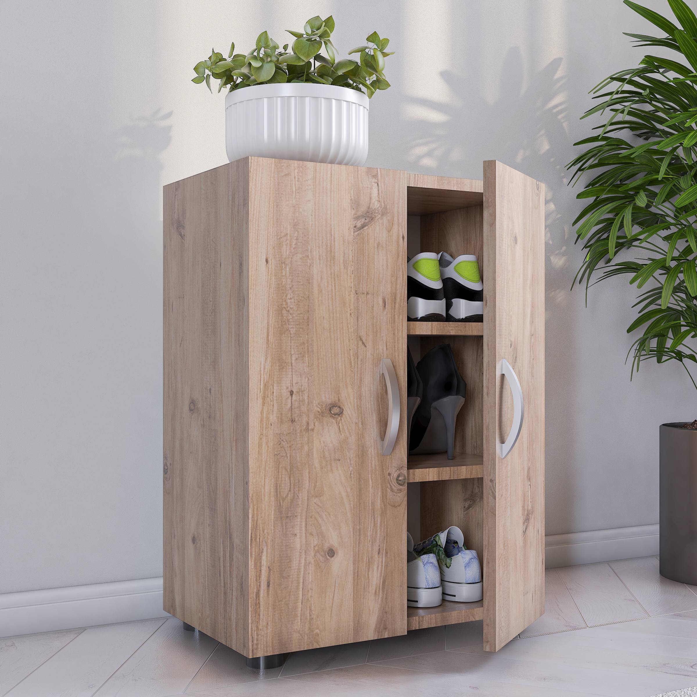 VCM Schuhschrank »VCM Holz Schuhschrank | Maße: H. 74 x B. 49 x T. 30 cm | Allzweckschrank | 3 Fächer | 2 Drehtüren - Ulas«, (1 St.)