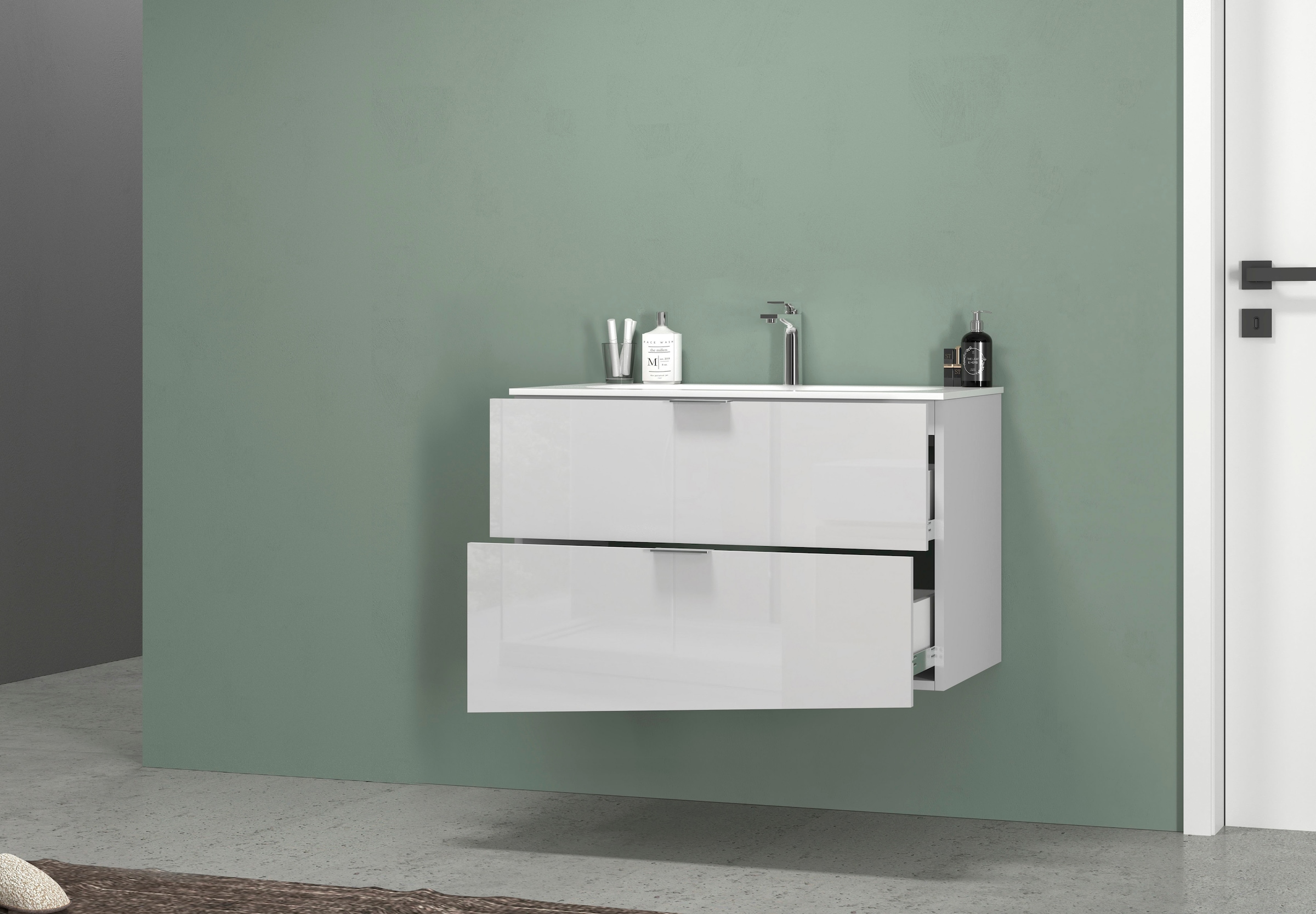 welltime Waschtisch »VELA, 82,3 cm breit, Hochglanz-Schubladen, Made in Italy« 1 Stk. tlg. Waschtischunterschrank, inkl. Waschbecken, schräge Design-Schublade