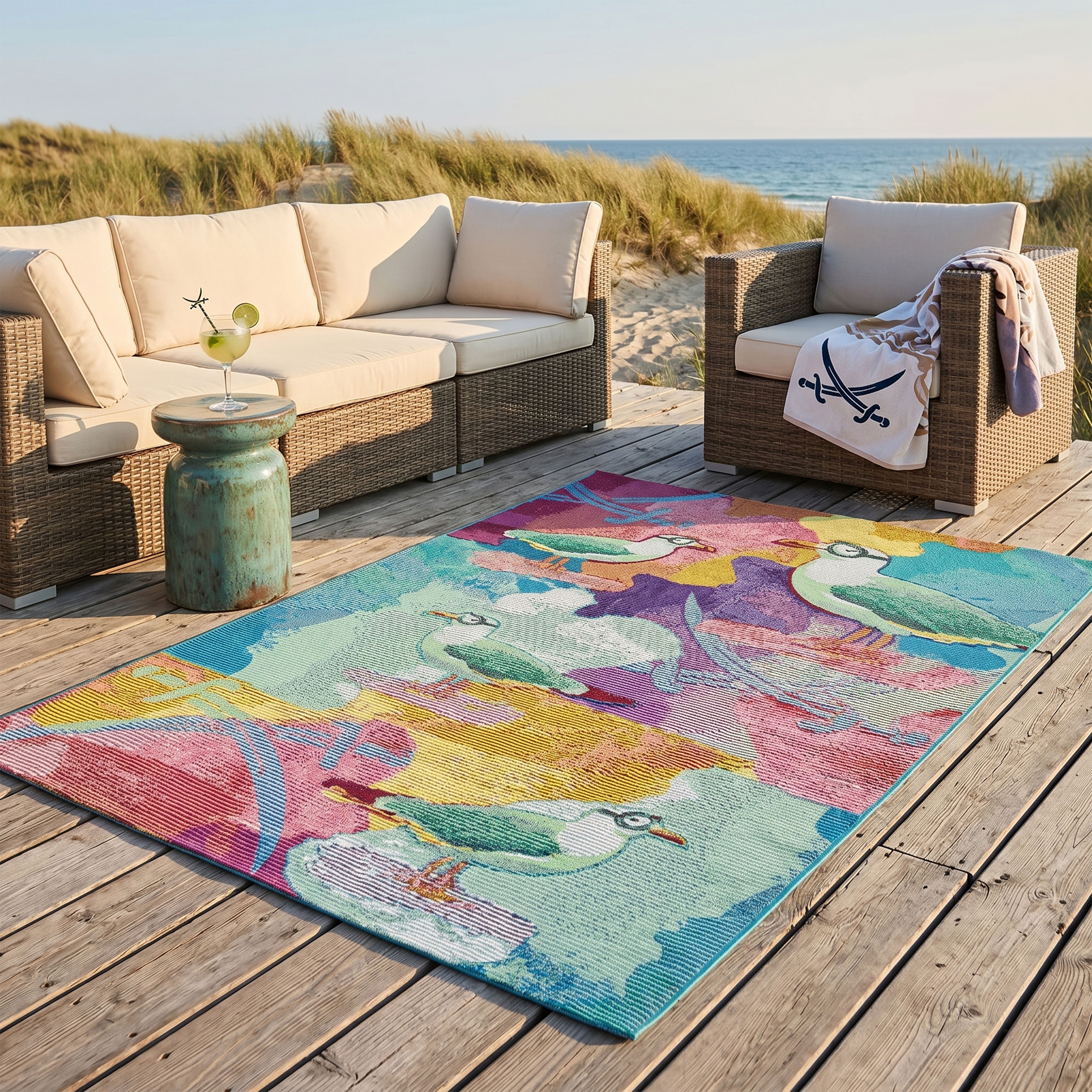 Sansibar Teppich "Rantum Beach SA-022" rechteckig 5 mm Höhe Flachgewebe, modernes Design, Motiv Möven, In- & Outdoor geeignet