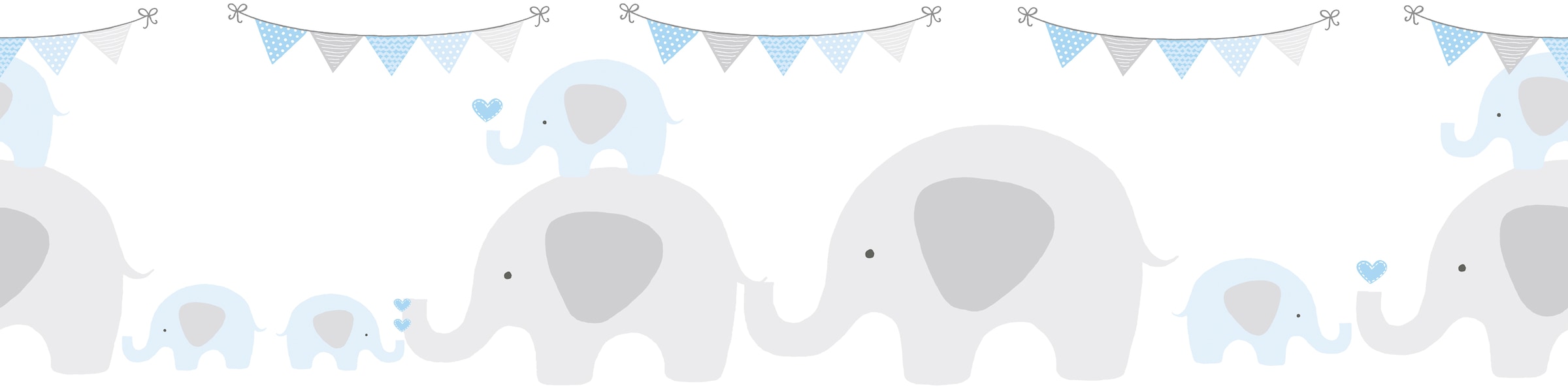 Bordüre »Elephant Party«, Tapete Kinderzimmer Blau Grau Weiß