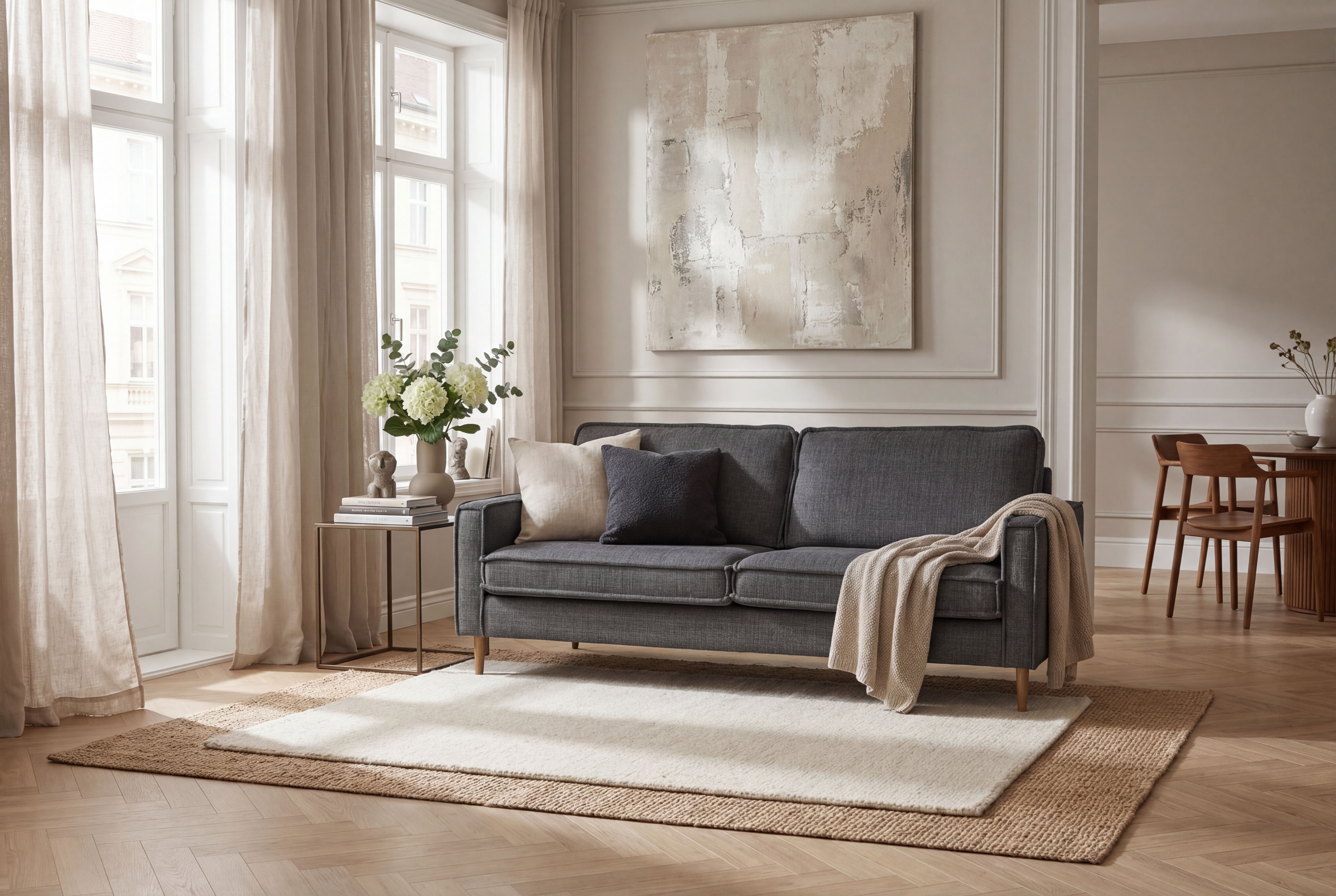 OTTO home 3-Sitzer "Pinto Skandi, 206 cm, Chenille, Struktur" mit Keder, Massivholzfüße Eiche geräuchert, Wellenunterfederung