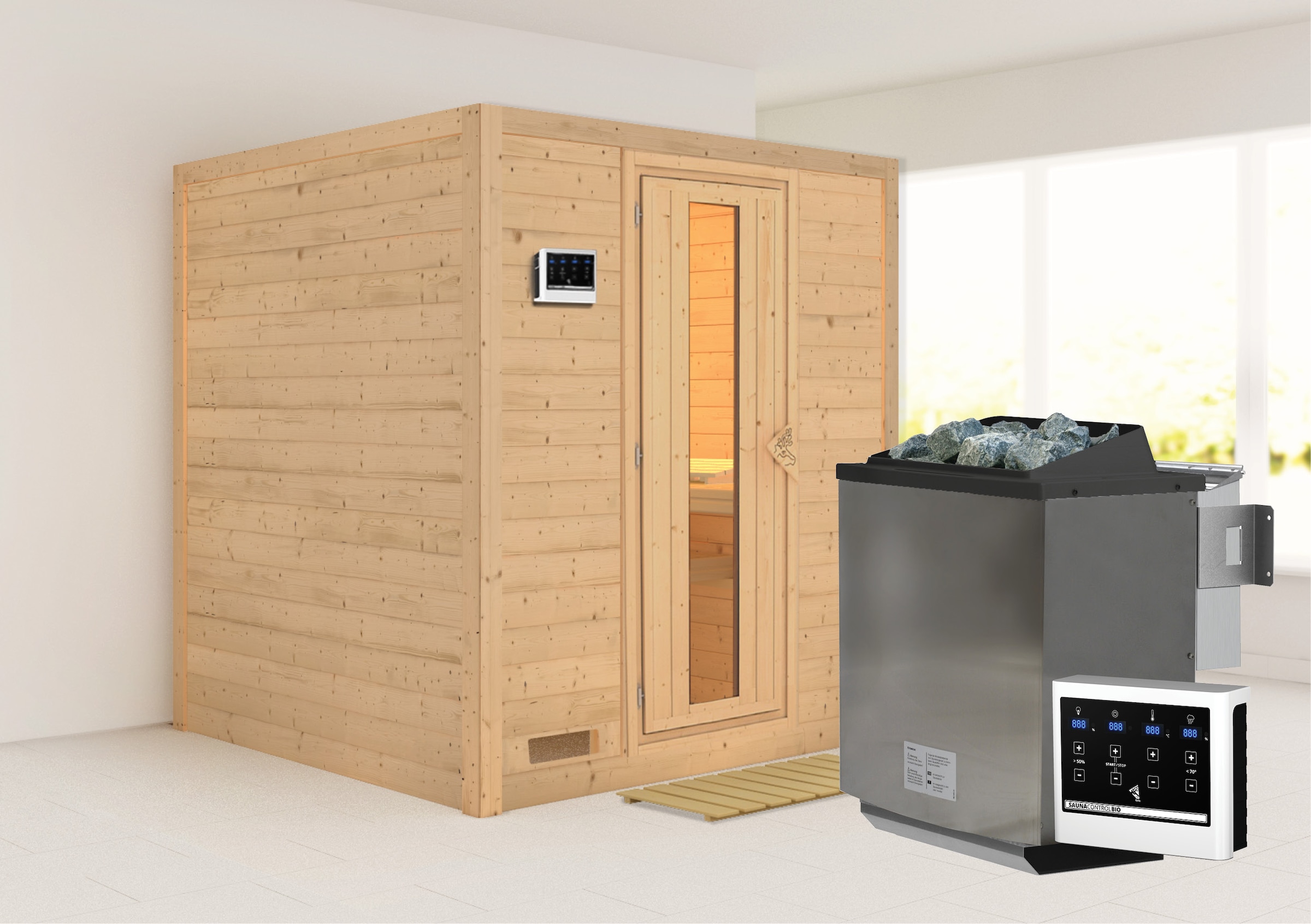 Karibu Sauna "Menja" Set, 9-kW-Bio-Ofen mit externer Steuerung
