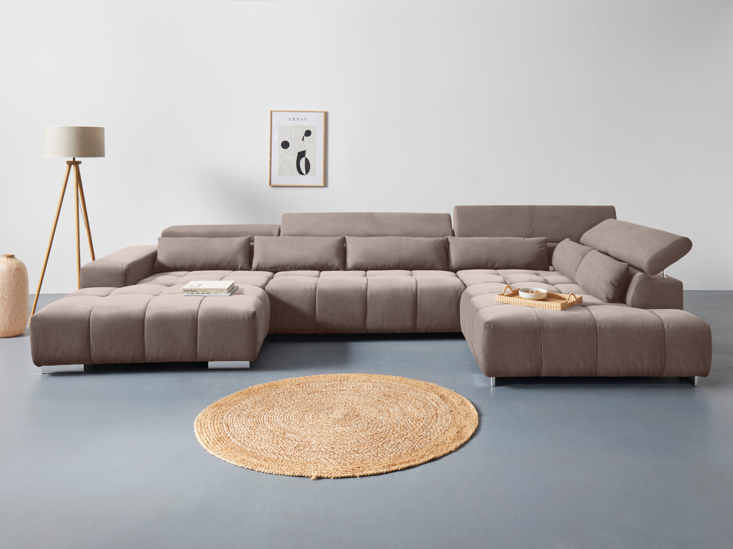 COTTA Wohnlandschaft "Orion U-Form XXL, B: 409 cm, bequeme Wellenunterfederung, top modern" mit Kopfteilverstellung & 6 Nierenkissen