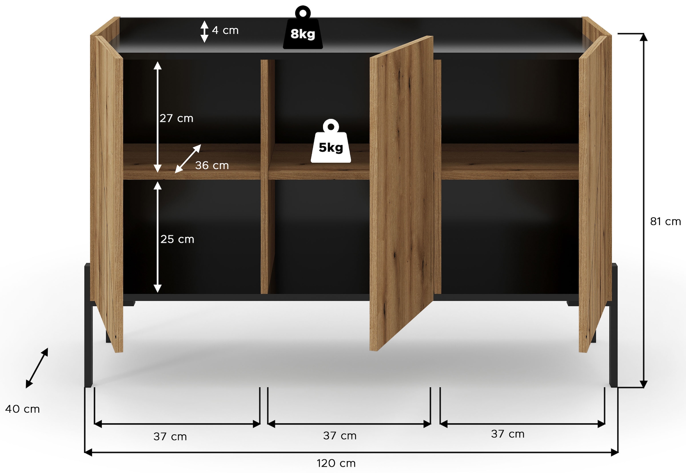 INOSIGN Sideboard »SNETT, Breite: 122cm, mit Metall-Stabfüßen, 3 Türen, 3 Einlegeböden«, Anrichte, Kommode, Schrank, Board, Higboard