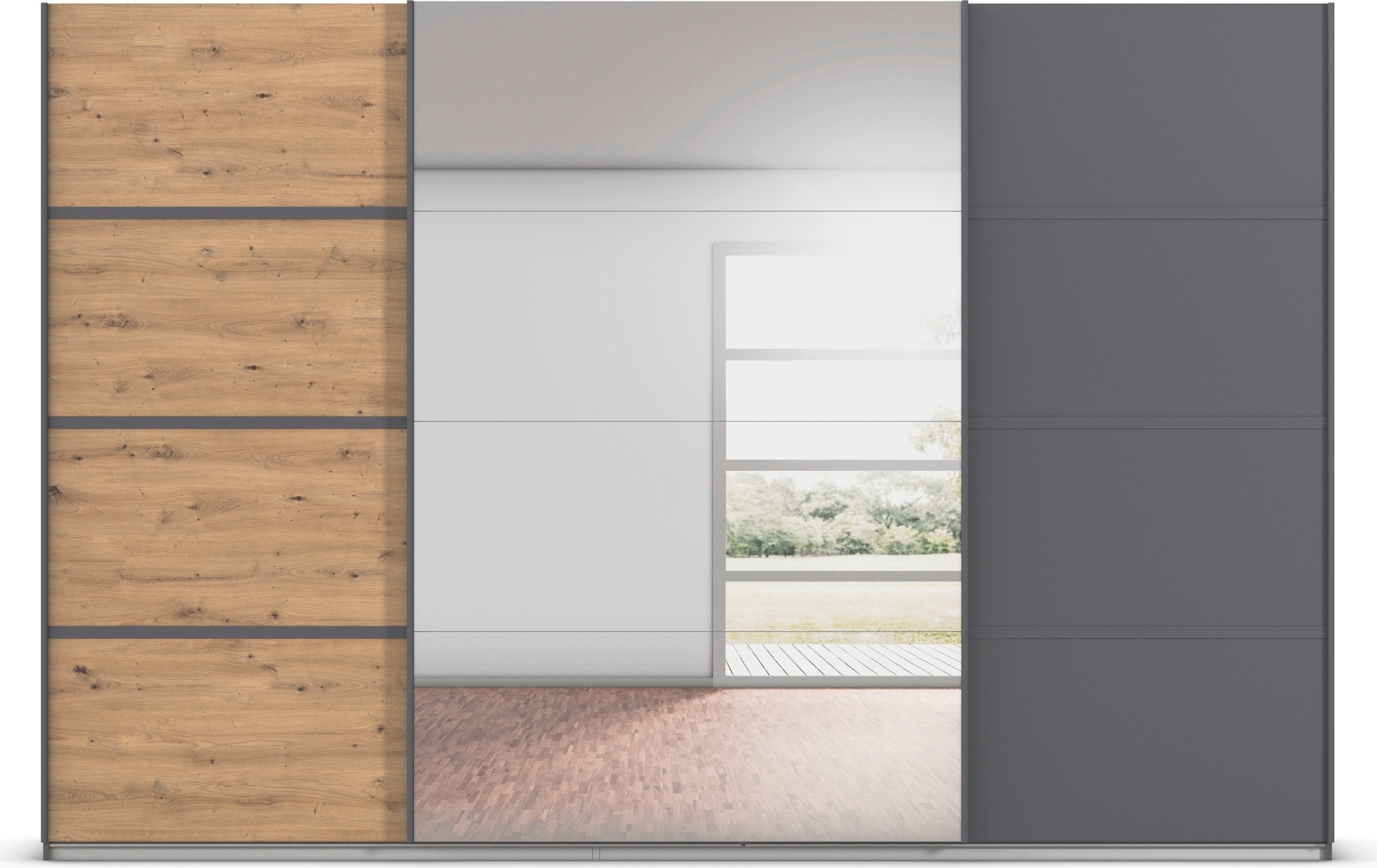 rauch Kleiderschrank »Schwebetürenschrank OTTO´s Choice Garderobe Schrank TOP ANGEBOT Avola«, (in 3 verschiedenen Ausstattungen BASIC/CLASSIC/PREMIUM inkl. Spiegel), mit eleganten Zierleisten in Chrom, Schwarz oder Weiß MADE IN GERMANY