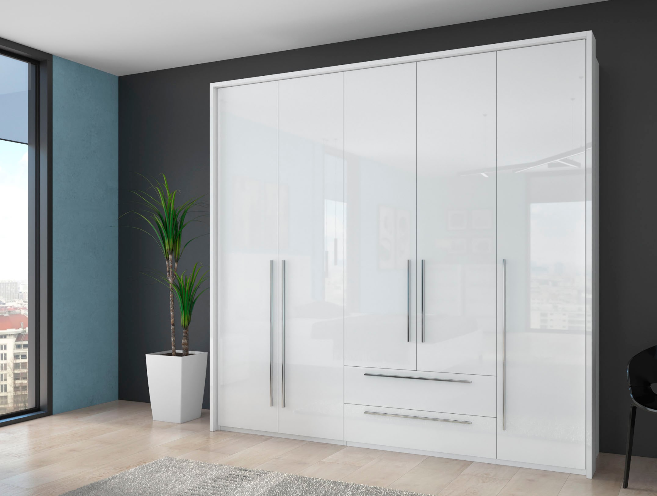 OTTO home Drehtürenschrank "Piano, inklusive Rahmen und Beleuchtung, soft-close-Funktion" viele Breiten zur Auswahl, 226cm hoch, mit jeweils 2 Schubladen, beige oder weiß, UV lackiert, Hochglanzfronten, FSC-zertifiziert