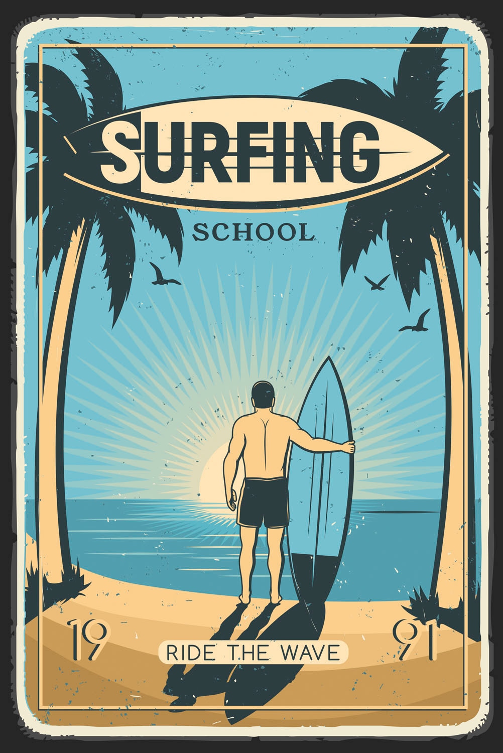 queence Metallbild »Surfing School«, Schriftzüge-Schriftzug-Meer-Strand, (1 St.), Stahlschilder