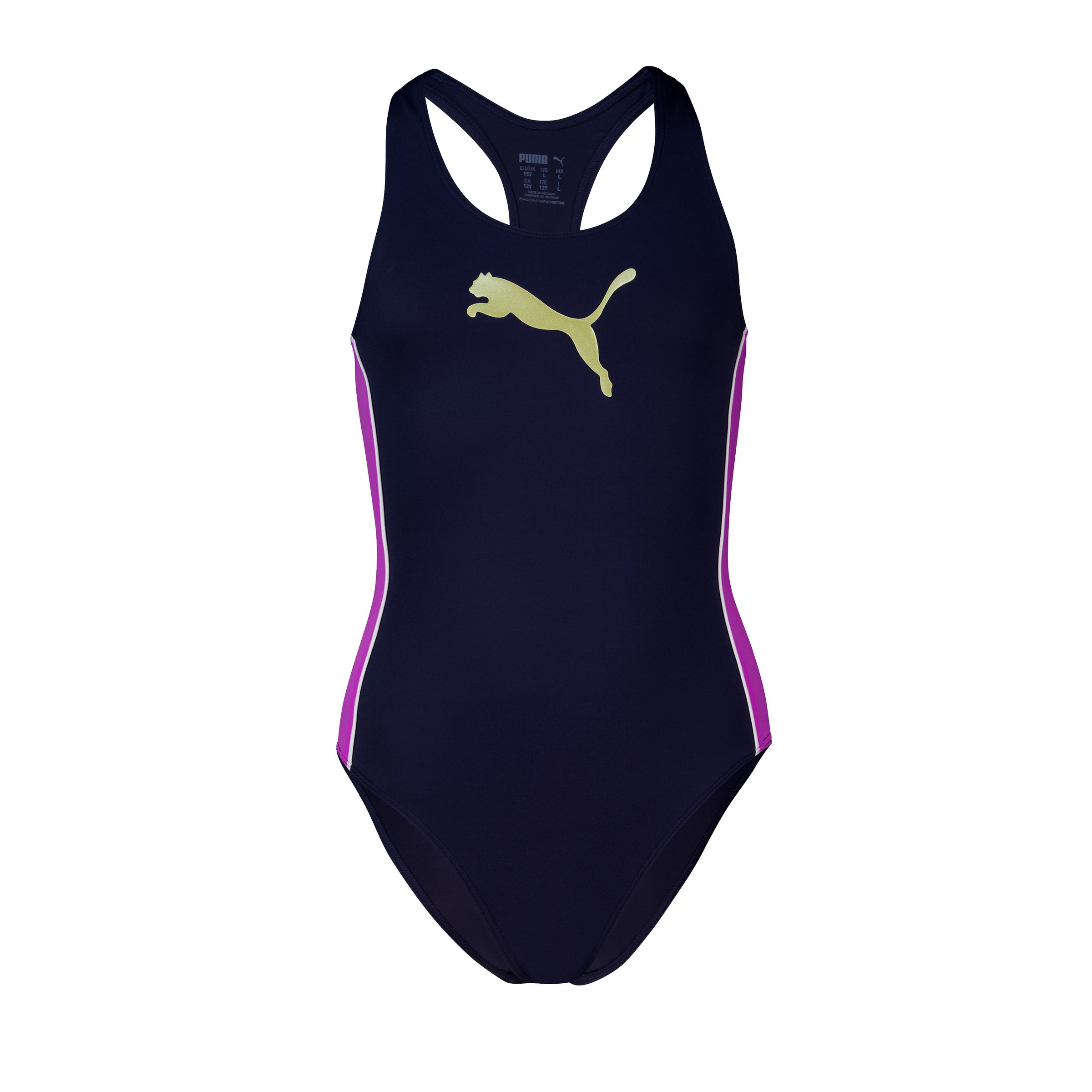 PUMA Mädchen Badeanzug "PUMA SWIM GIRLS T7 SWIMSUIT 1P"navy, electric orchid, Gr. 128, Obermaterial: 82% Polyester, 18% Elasthan, Badeanzüge