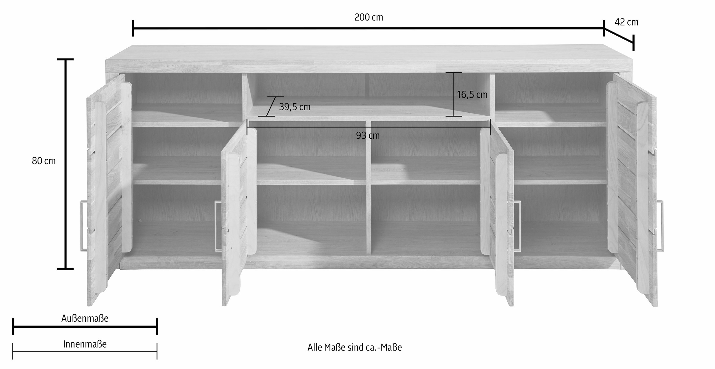 Home affaire Sideboard "Logo,200cm breit,42 cm tief,Fronten Massivholz,11 F günstig online kaufen