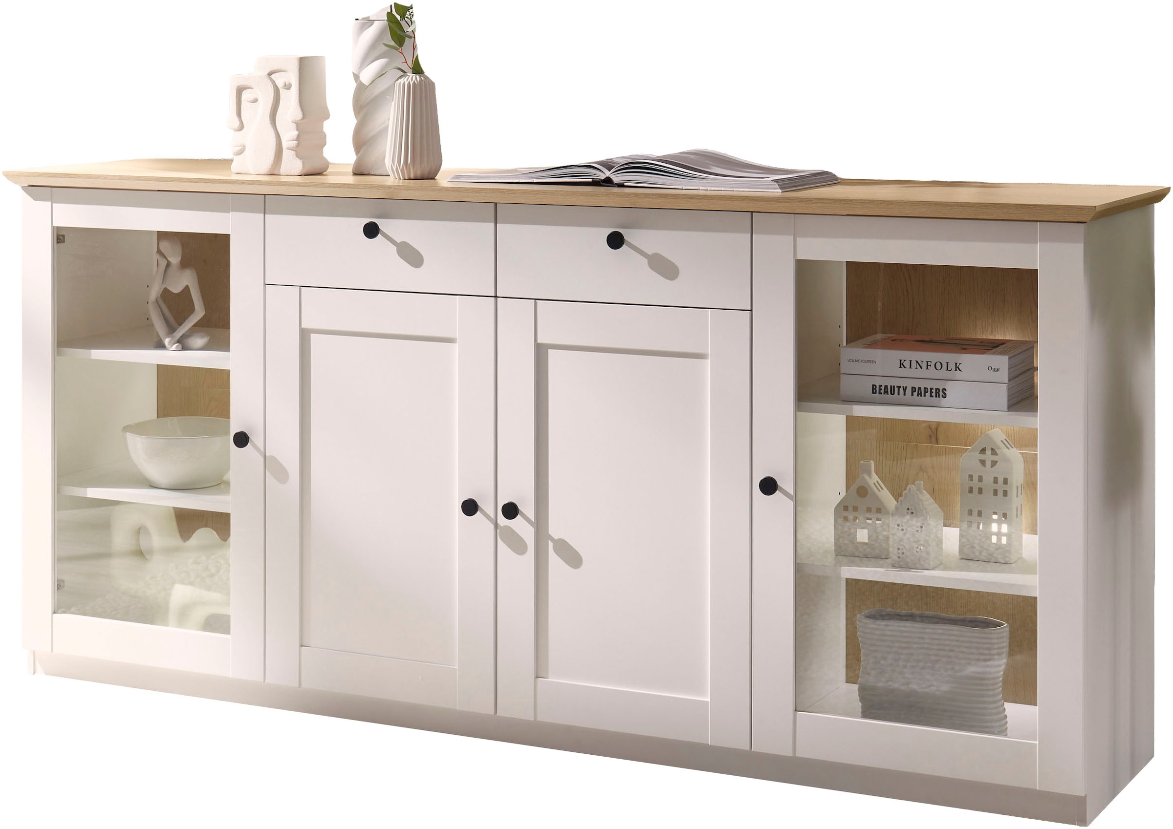 OTTO home Sideboard »Brest, Schrank im Landhausstil, Kommode, zeitloses Stauraumelement« schwarze Metallgriffe, ausreichend Stauraum, Glastüren, 204 cm breit