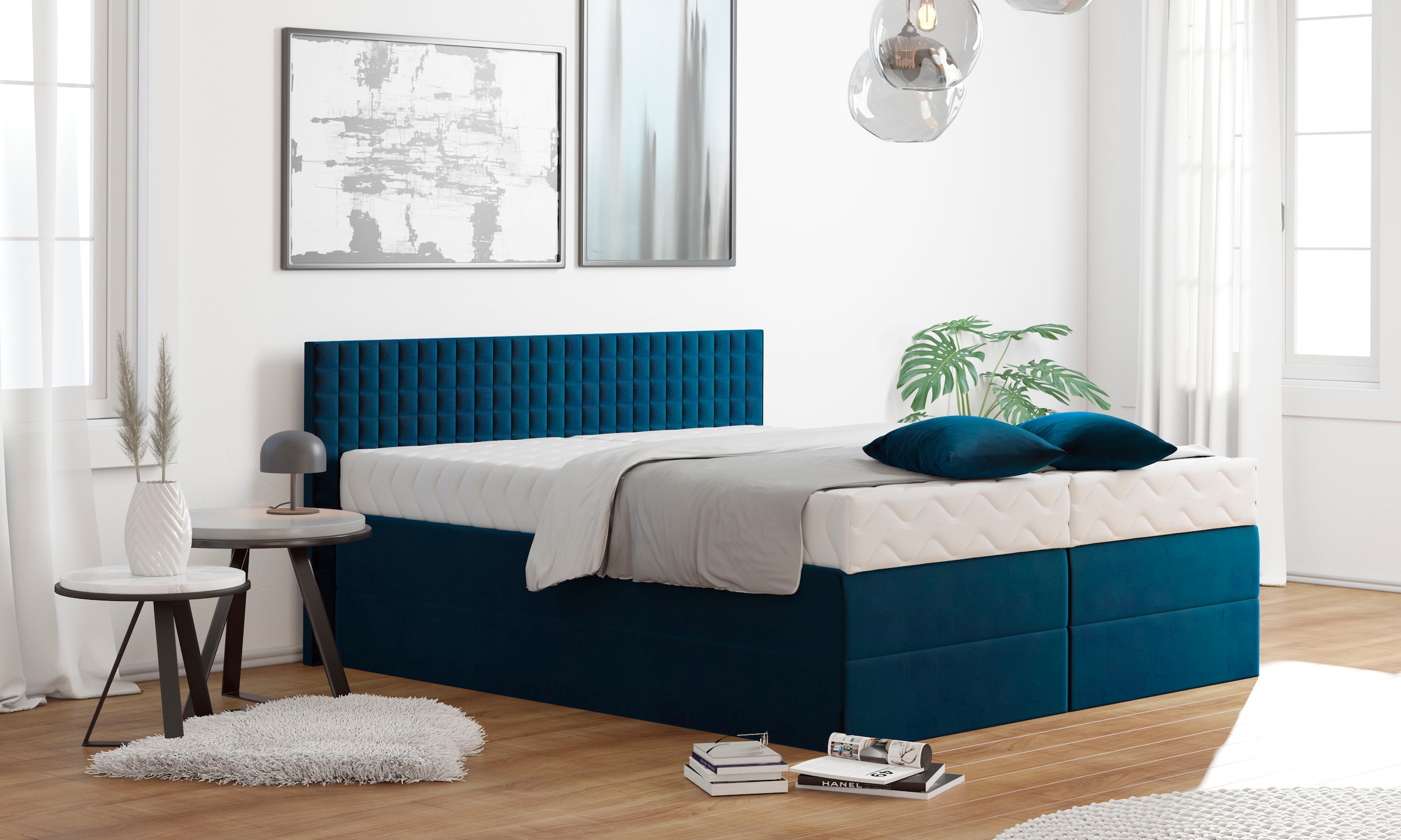 Boxspringbett, blau (königsblau), B:215cm L:210cm, Bezug: 100% Polyester;Polsterwatte: 100% Polyester, WESTFALIA SCHLAFKOMFORT, Komplettbetten, Boxspringbett, mit Zierkissen, wahlweise mit Topper