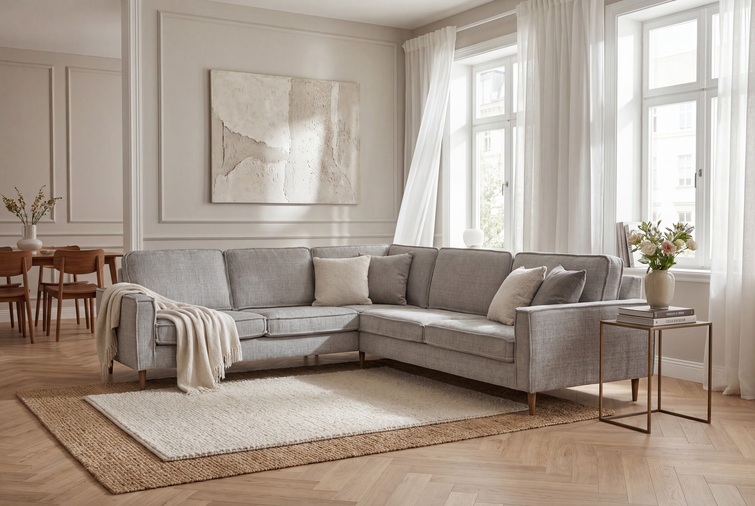 OTTO home Ecksofa "Pinto Skandi, 290 cm, Chenille, Struktur, Ottomane links / rechts" mit Keder, Massivholzfüße Eiche geräuchert, Wellenunterfederung