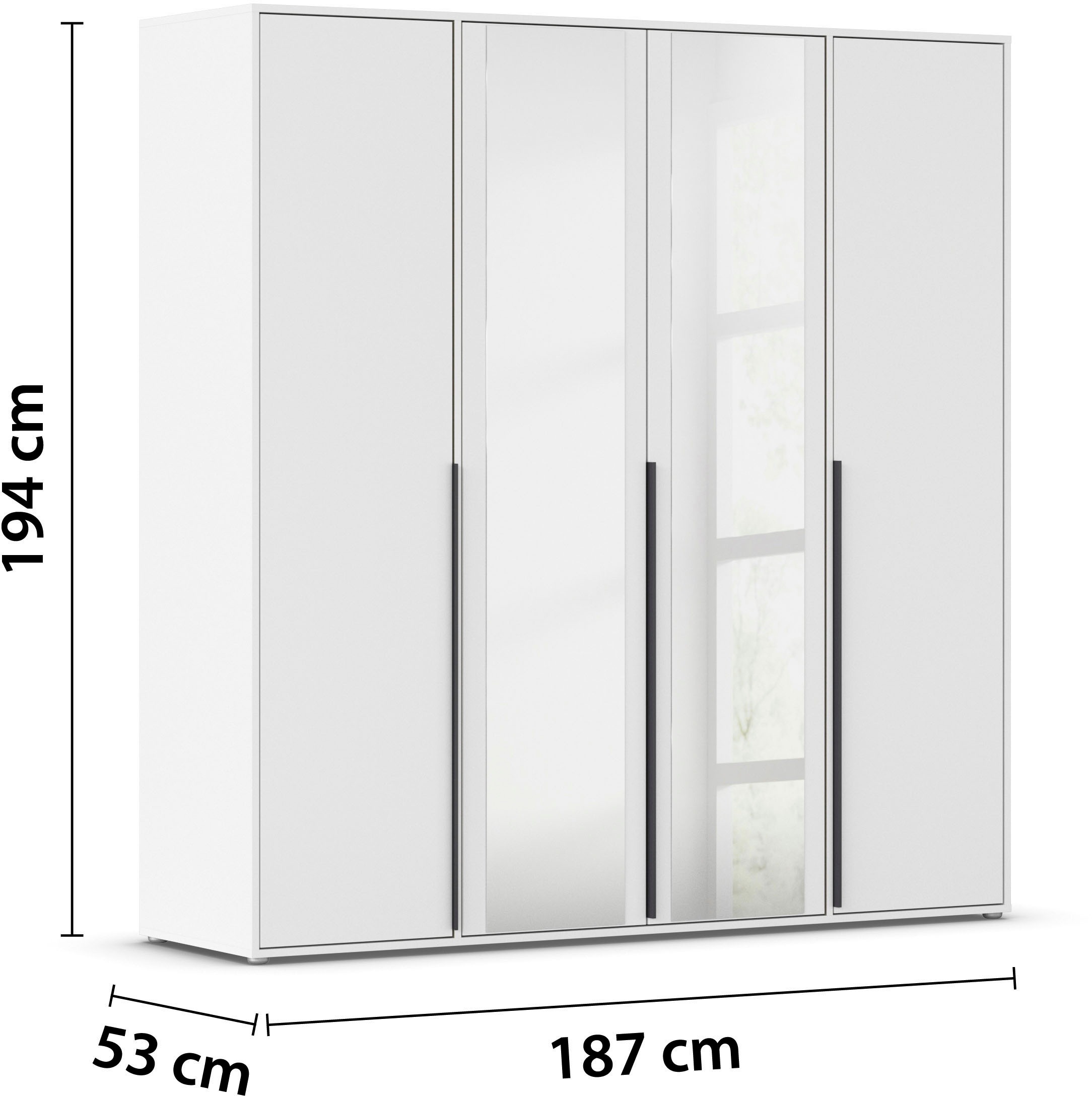 rauch Drehtürenschrank »Kleiderschrank Schrank Garderobe Wäscheschrank NAGATA mit Spiegel«, (in 3 verschiedenen Ausstattungen BASIC/CLASSIC/PREMIUM), und modernen Stangengriffen in Graumetallic TOPSELLER MADE IN GERMANY