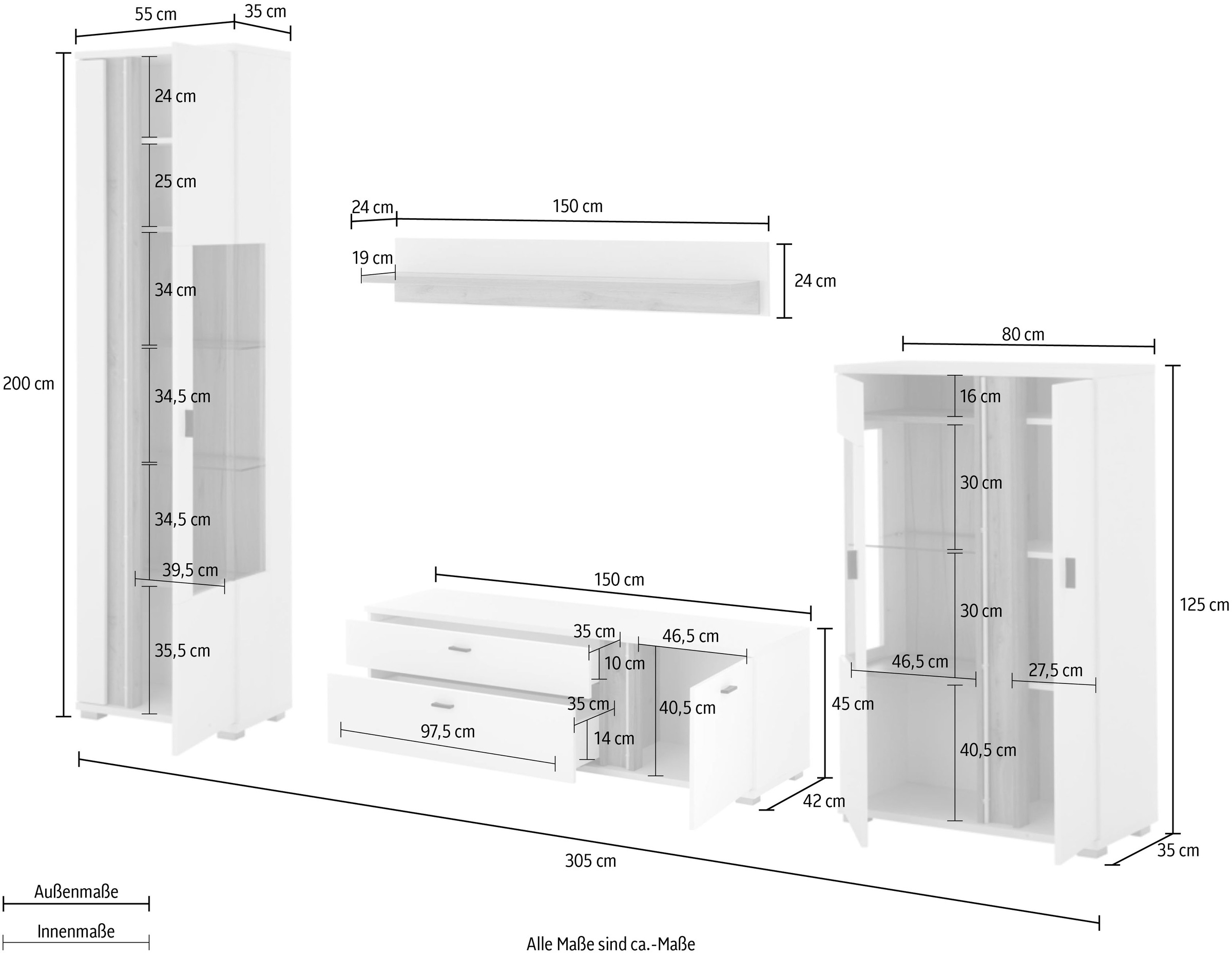 INOSIGN Wohnwand »LONG ISLAND«, (Set, 4 St.), in moderner Trendfarbe,inklusive senkrechter Beleuchtung,Breite 305 cm