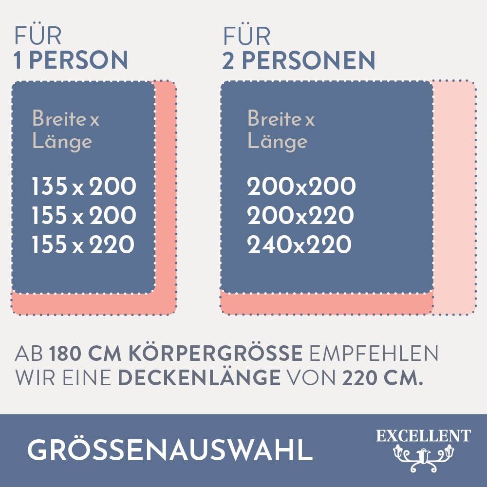 Excellent Daunenbettdecke »Wien, Bettdecken für Sommer und Winter, Decke«, warm, Füllung 90% Daunen, 10% Federn, Bezug 100% Baumwolle, (1 St.), Bettdecke 135x200 cm, made in Germany, allergiker geeignet (Hausstaub)