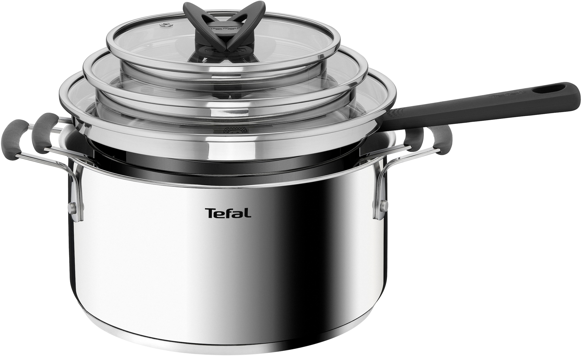 Tefal Topf-Set "G7376S OptiSpace", Edelstahl, (Set, 6 tlg., Stielkasserolle 16 cm, Kochtopf 20/24 cm, je mit Deckel), Th