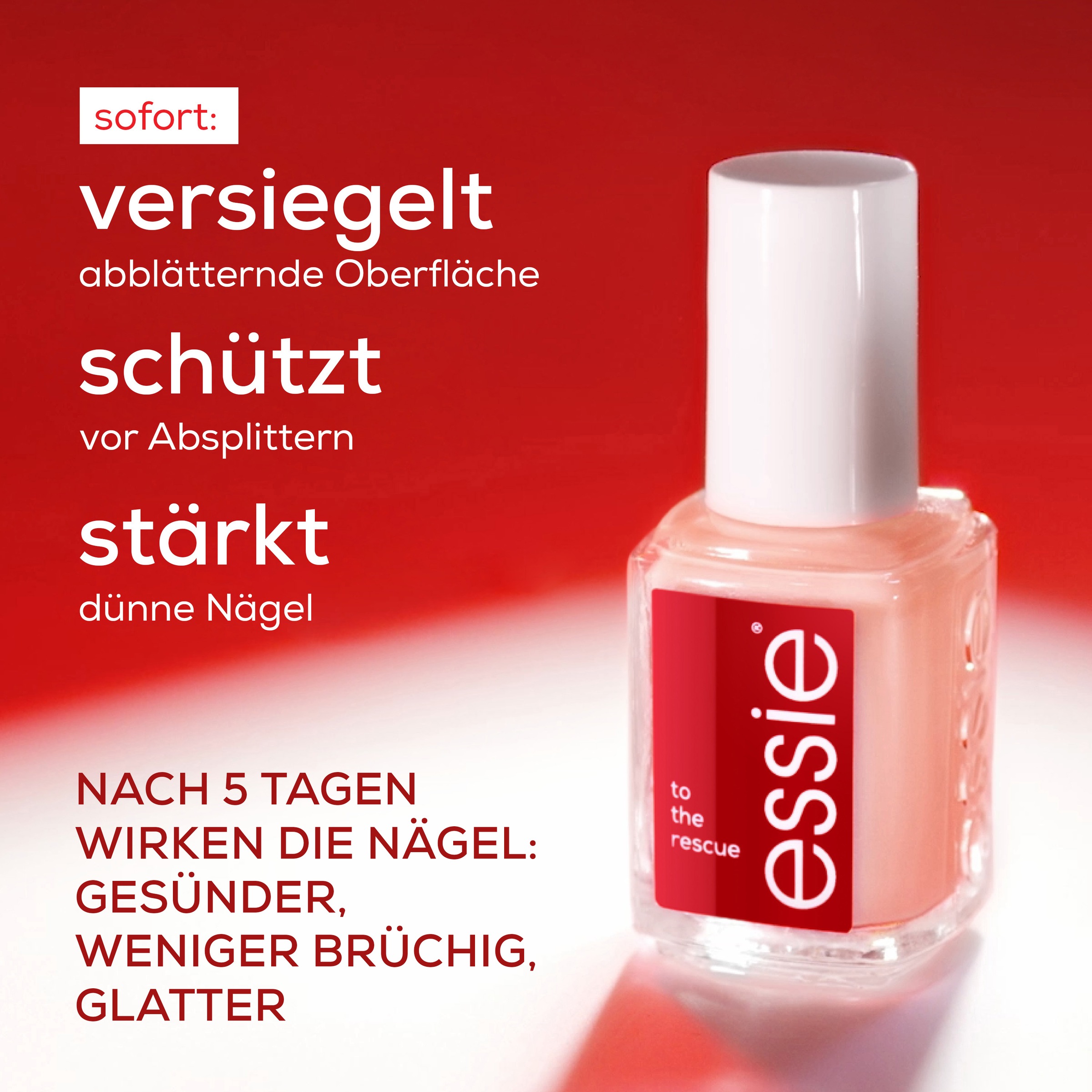 essie Nagelhärter »to the rescue«, mit dreifachem Proteinkomplex für starke Nägel.