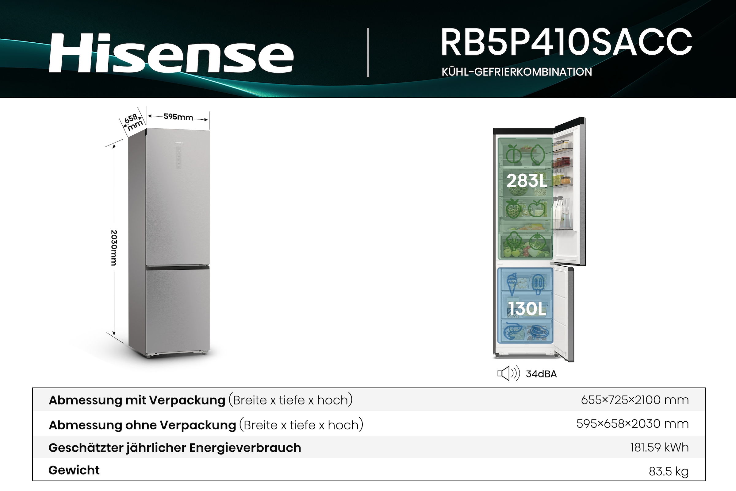 Hisense Kühl-/Gefrierkombination »RB5P410SACC«, BigVolume - 413 Liter Volumen