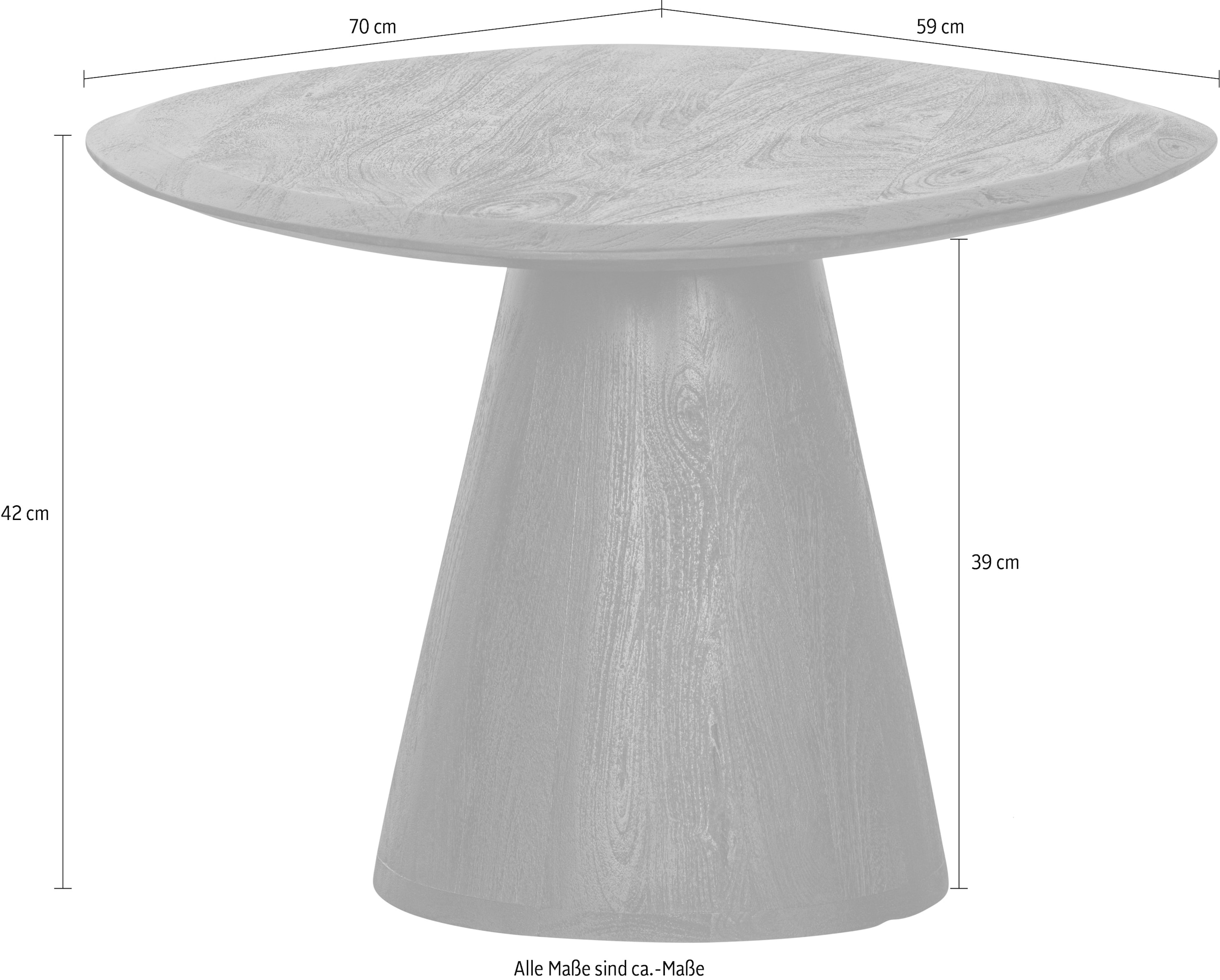 WOOOD Couchtisch »Posture aus Mangoholz mit abgeflachter Tischkante 70x63x42 cm« Tragkraft 15 kg, Standfuß Ø 15–32 cm geschlossen, Plattendicke 3 cm