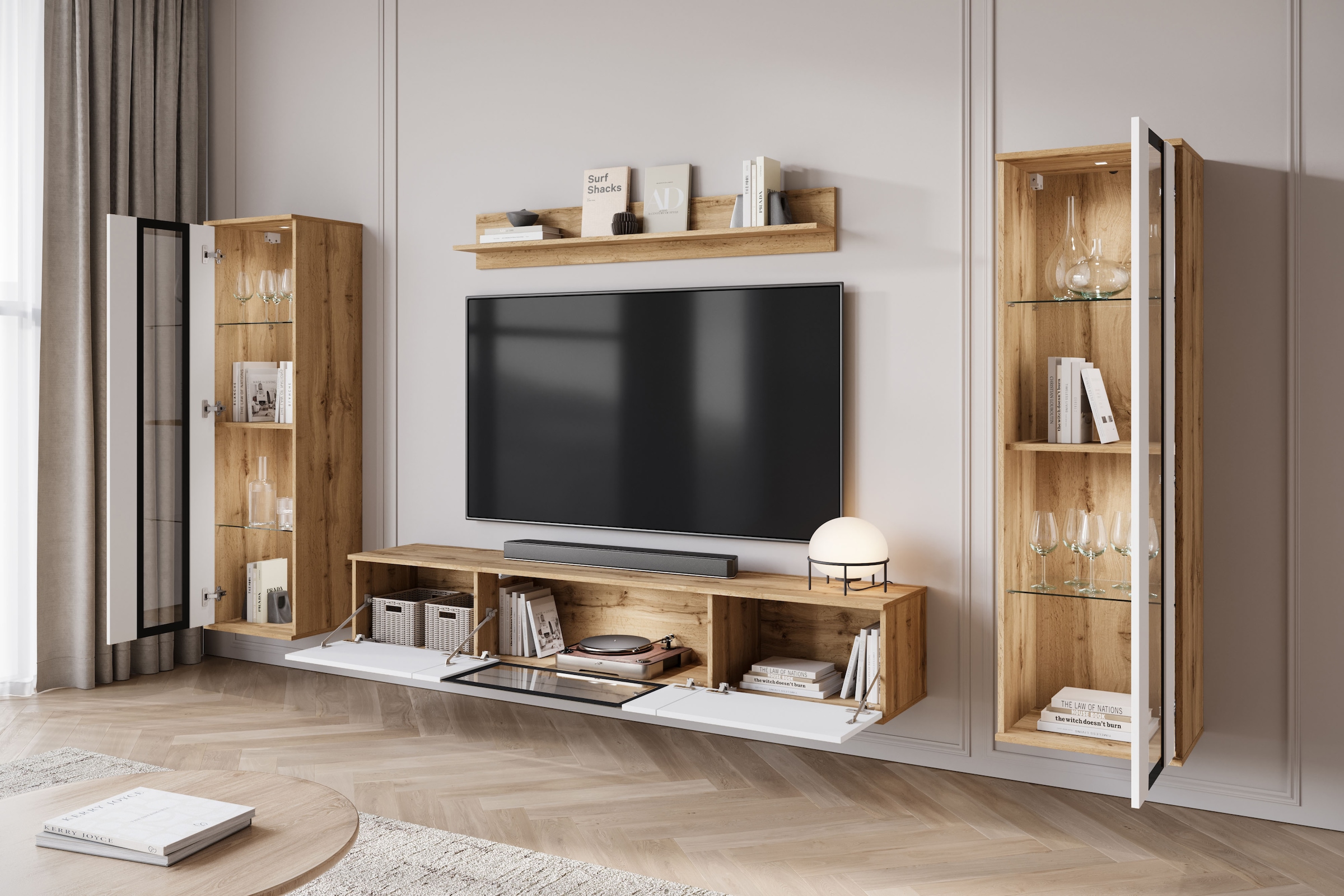 INOSIGN Wohnwand »Caro, stehend und hängend montierbar«, (Komplett-Set, 4 St., Vitrine Türanschlag links/rechts wechselbar), grifflose Design, höhenverstellbare Einlegeböden