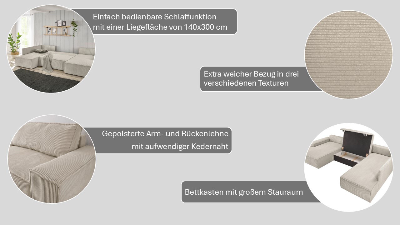 Thumbnail - Home affaire Wohnlandschaft "SHERWOOD 329 cm, U-Form, Schlafsofa," Schlaffunktion m. Bettkasten (194x139 cm), Cord, Vint...