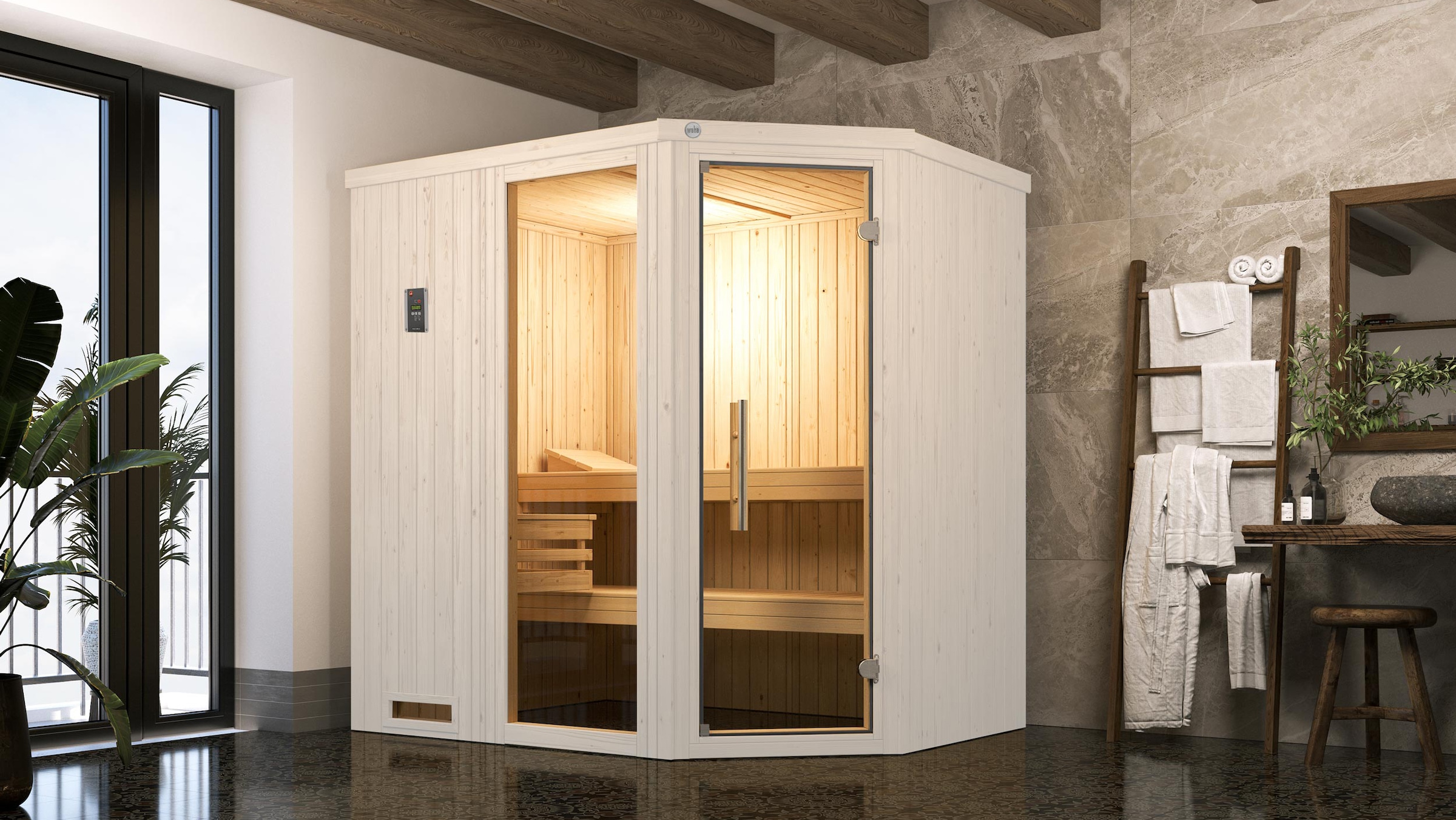 weka Sauna »Element-Ecksauna VARBERG 1«, vorgefertigte Elemente, Fensterelement, moderne Ganzglastür