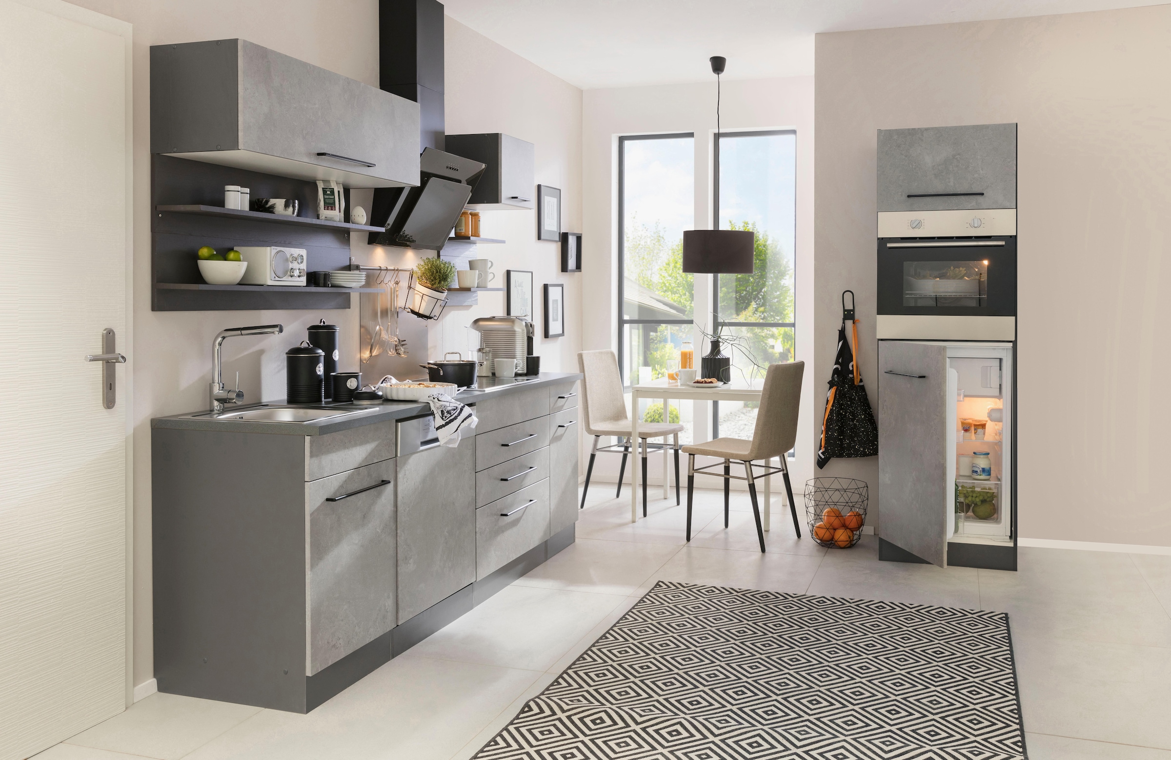 KOCHSTATION Küchenzeile »KS-Tulsa«, mit E-Geräten, Breite 290 cm, schwarze Metallgriffe, MDF Fronten