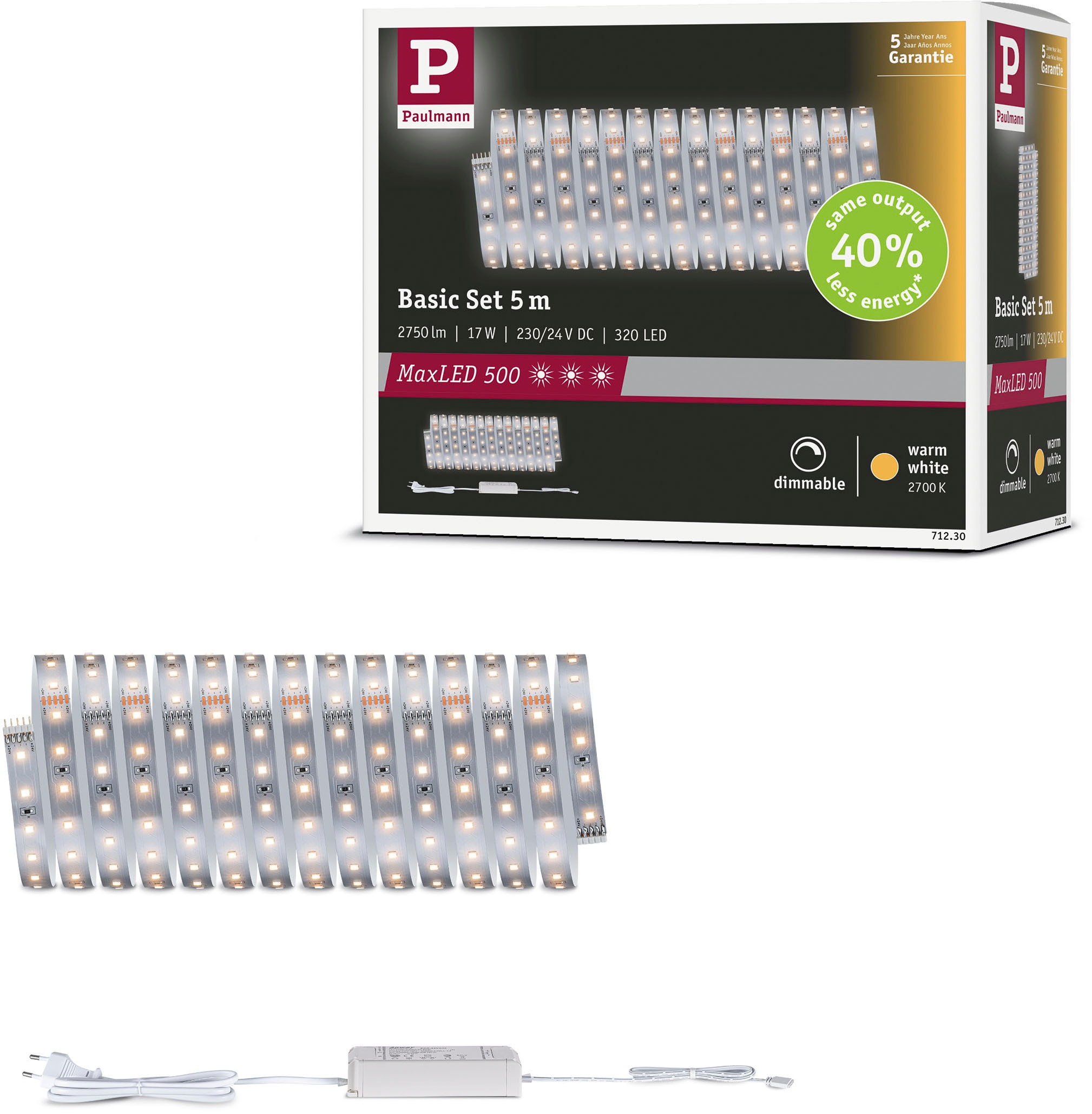 PAULMANN LED-Streifen "MaxLED 500 LED Strip Warmweiß Basisset", Dioden 320 Stk., Gesamtlänge 5m, silber, Küche, Lichterketten