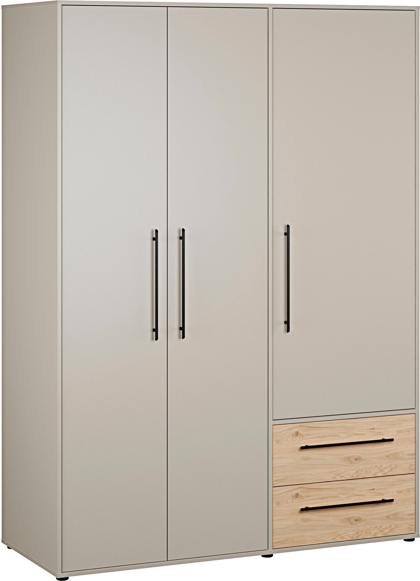 FORTE 1100000002199 "Mokkaris, Garderobe, zeitloses Design, 3 Türen, Made in Europe" B/H/T ca. 144x200x59cm, Zwei Schubladen, schwarze Stangengriffe, Stauraum, auch in Schwarz