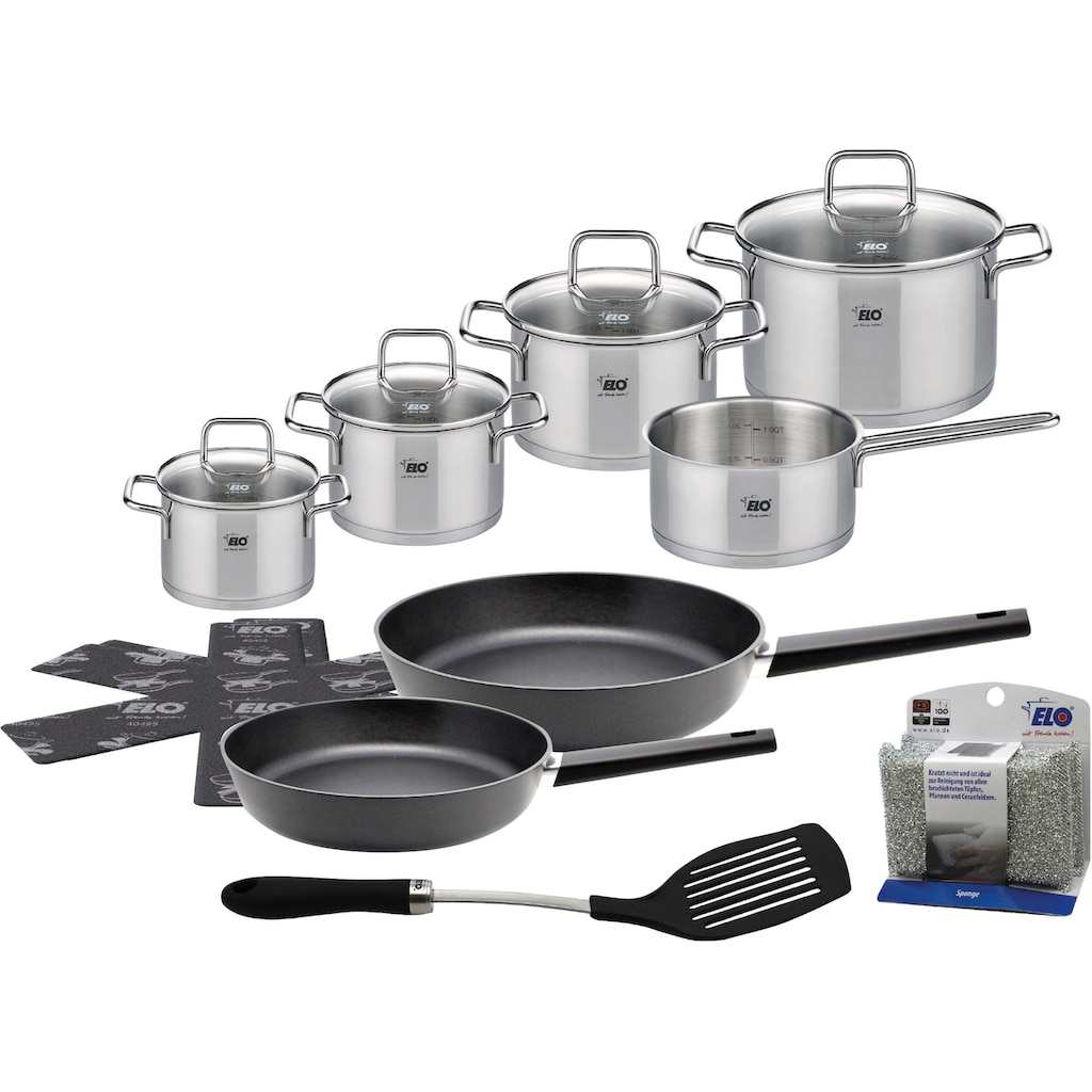 Elo Topf-Set »Citrin«, Edelstahl 18/8, (Set, 16 tlg., Fleischtopf 12/14/16/20 cm, Stielkasserolle, Bratpfanne 20/24 cm), Induktion