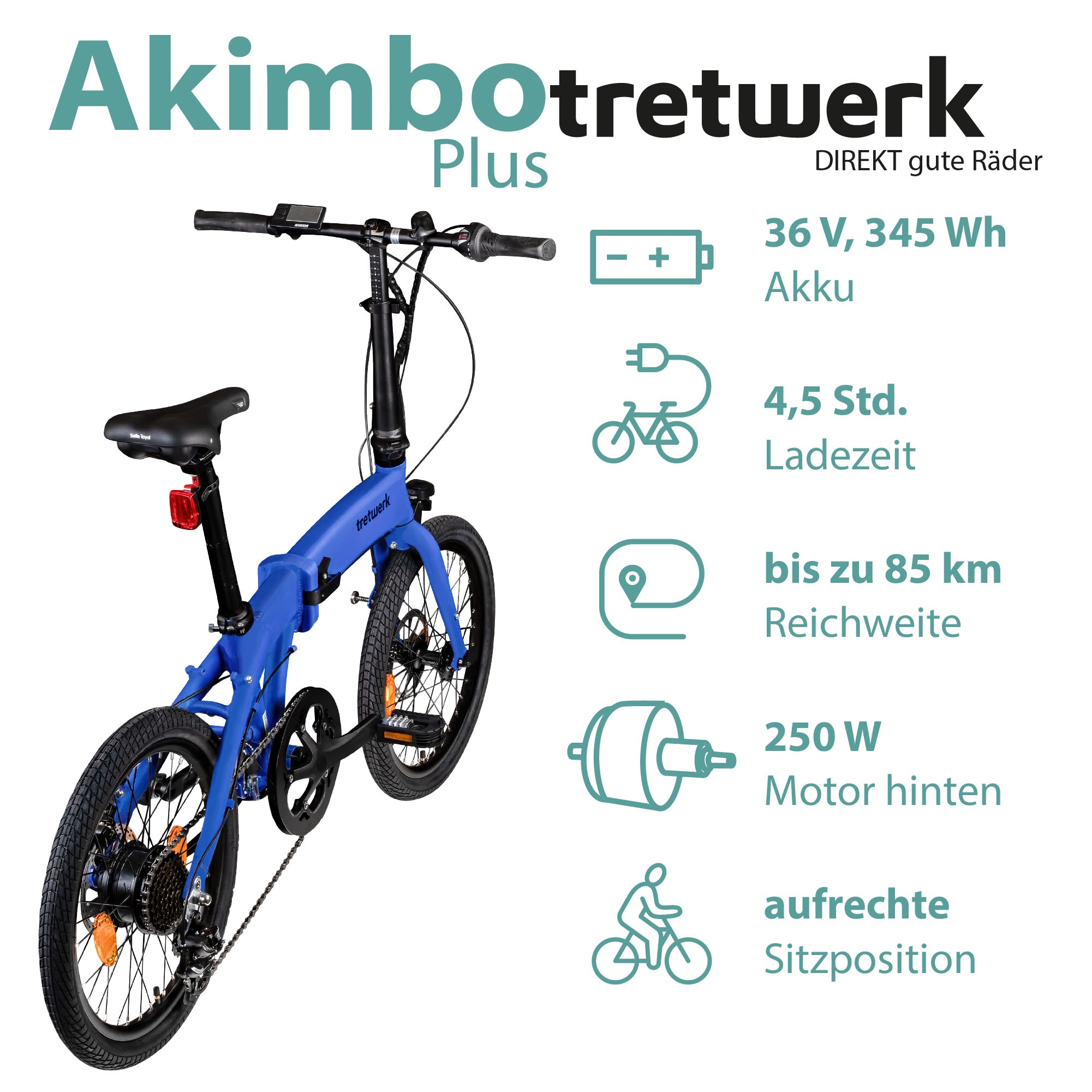 Thumbnail - Tretwerk "Akimbo Plus" 7 Gang Shimano Tourney Schaltwerk Kettenschaltung Heckmotor 250 W