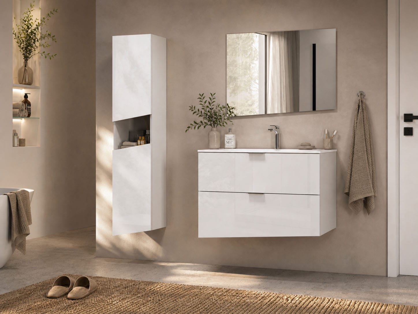 welltime Waschtisch »VELA, 82,3 cm breit, Hochglanz-Schubladen, Made in Italy« 1 Stk. tlg. Waschtischunterschrank, inkl. Waschbecken, schräge Design-Schublade
