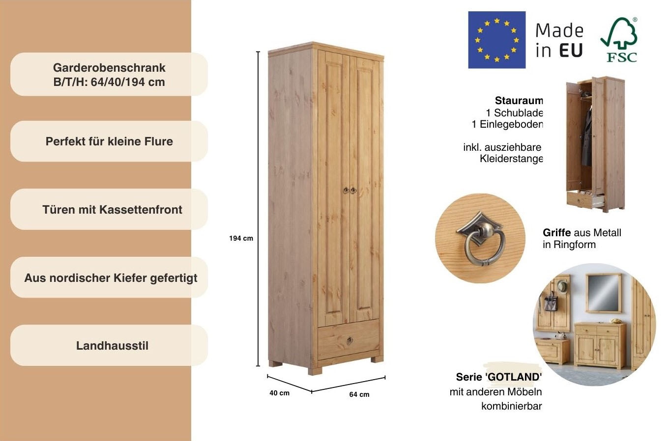 Home affaire Garderobenschrank »Gotland, Drehtürenschrank, Garderobe«, aus massiver Kiefer, FSC®-zertifiziert, Höhe 193 cm