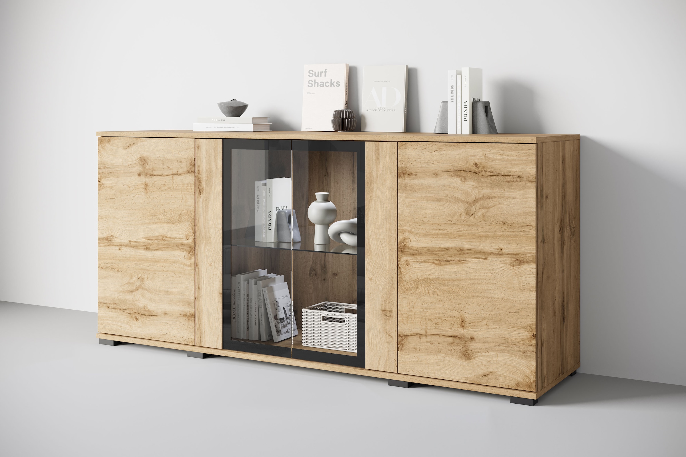 Home affaire Sideboard "Caro, modernes Design mit Glaseinsätzen, Breite 150 cm" 1 Stk. tlg. Grifflose Fronten mit Push-to-Open, höhenverstellbare Einlegeböden