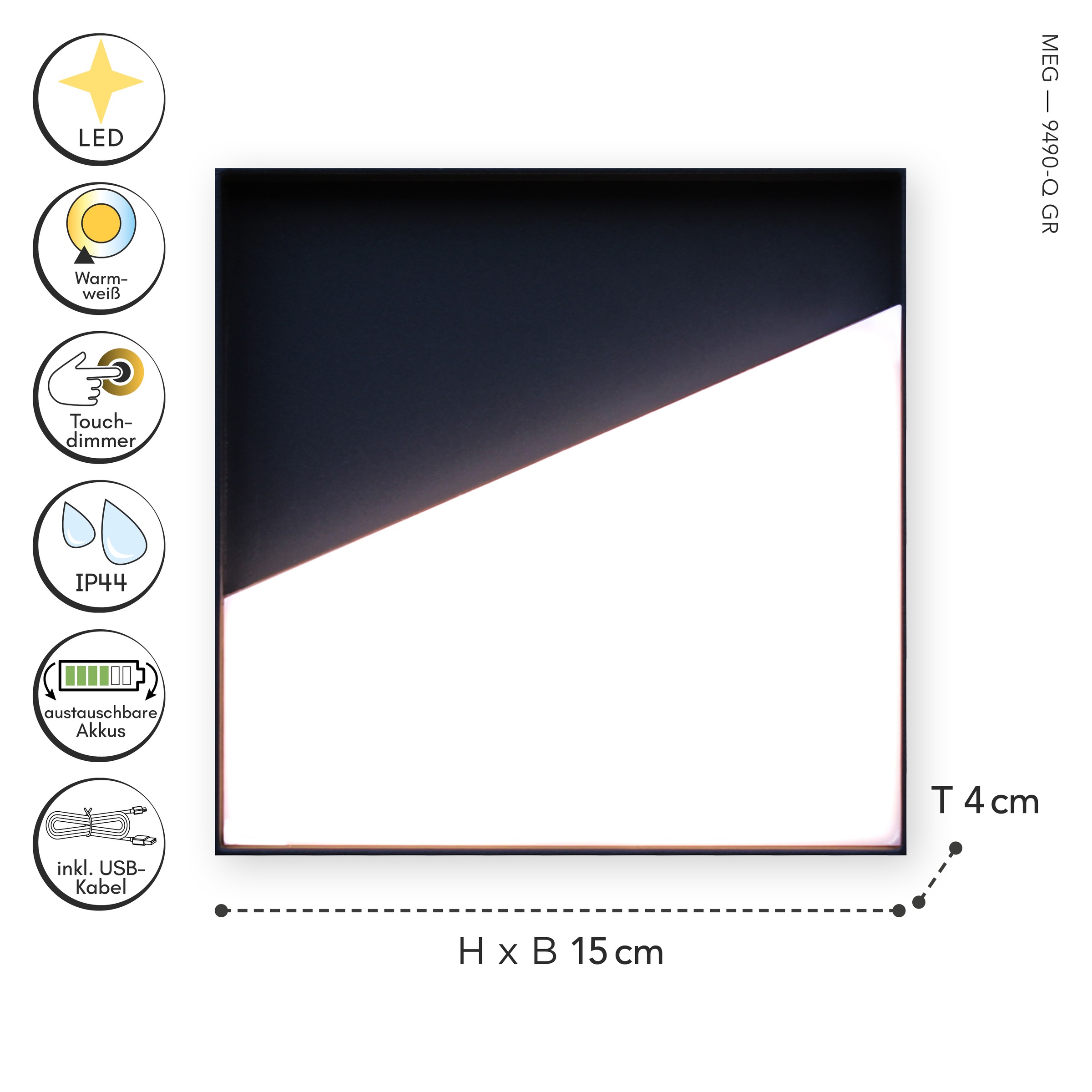 ECO-LIGHT LED Außen-Wandleuchte »LED-Wandleuchte MEG anthrazit«, 1 flammig, Leuchtmittel LED-Board | LED fest integriert, Akku-Licht für Innen & Außen