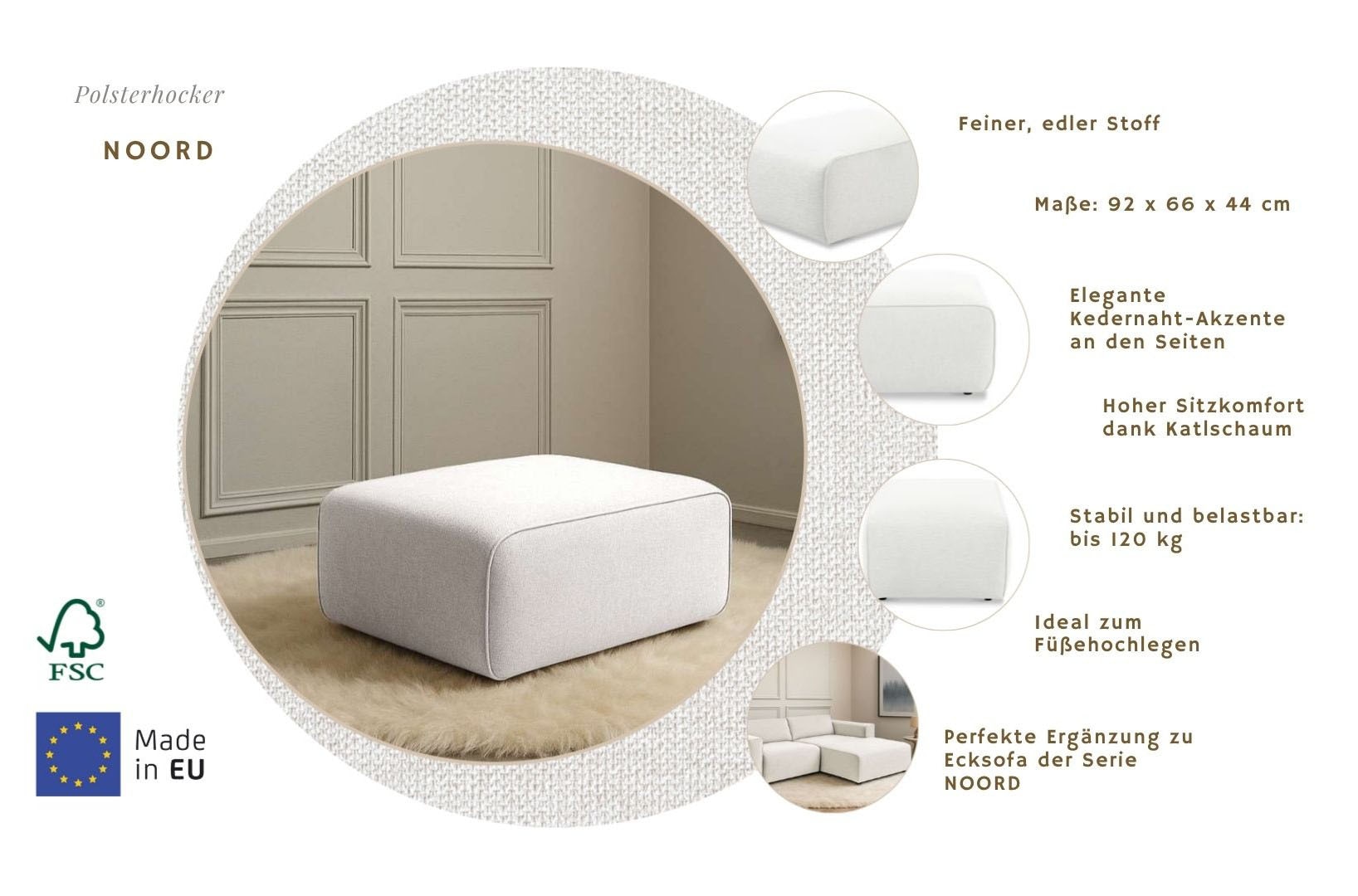 Home affaire Polsterhocker »Noord 92/66 cm« mit Kedernaht, schöne Serienergänzung