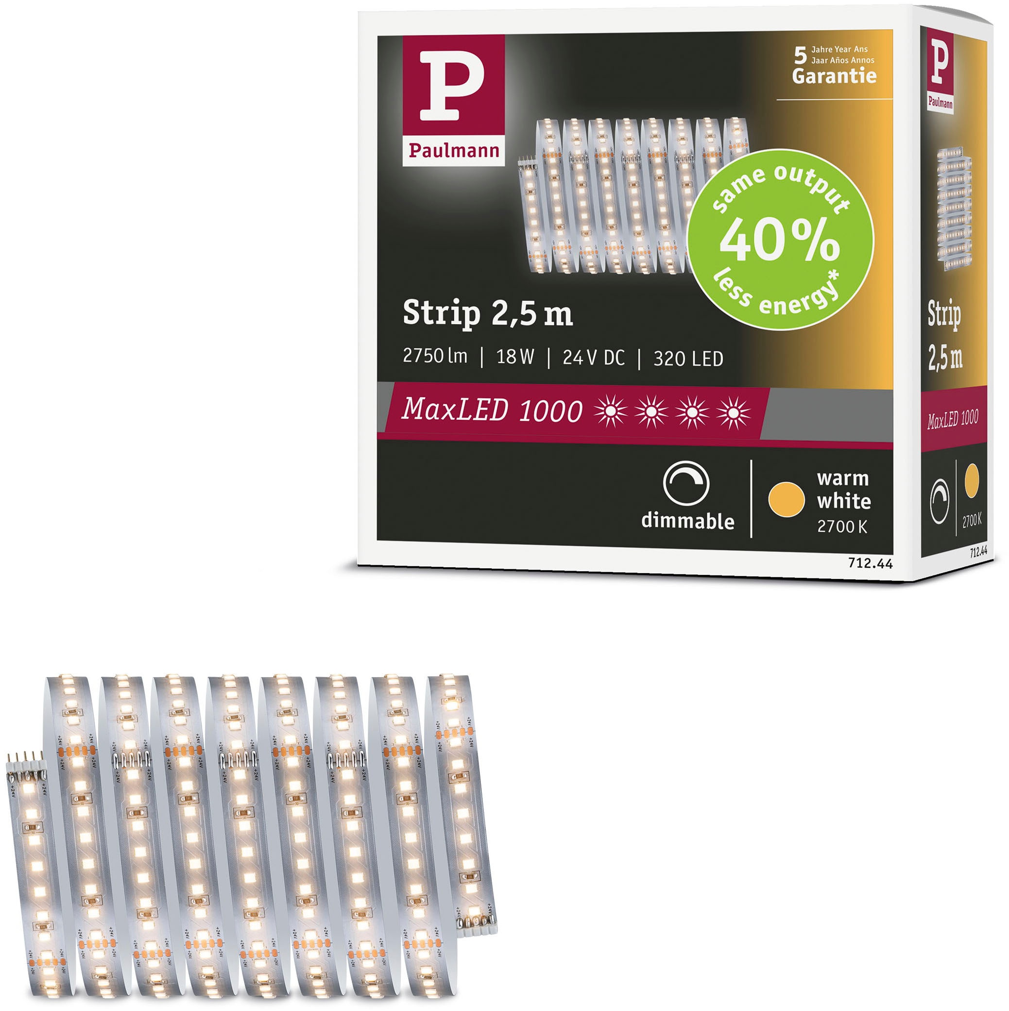 PAULMANN LED-Streifen "MaxLED 1000 LED Strip Warmweiß Einzelstripe", Dioden 320 Stk., Gesamtlänge 2,5m, silber, Küche, Lichterketten