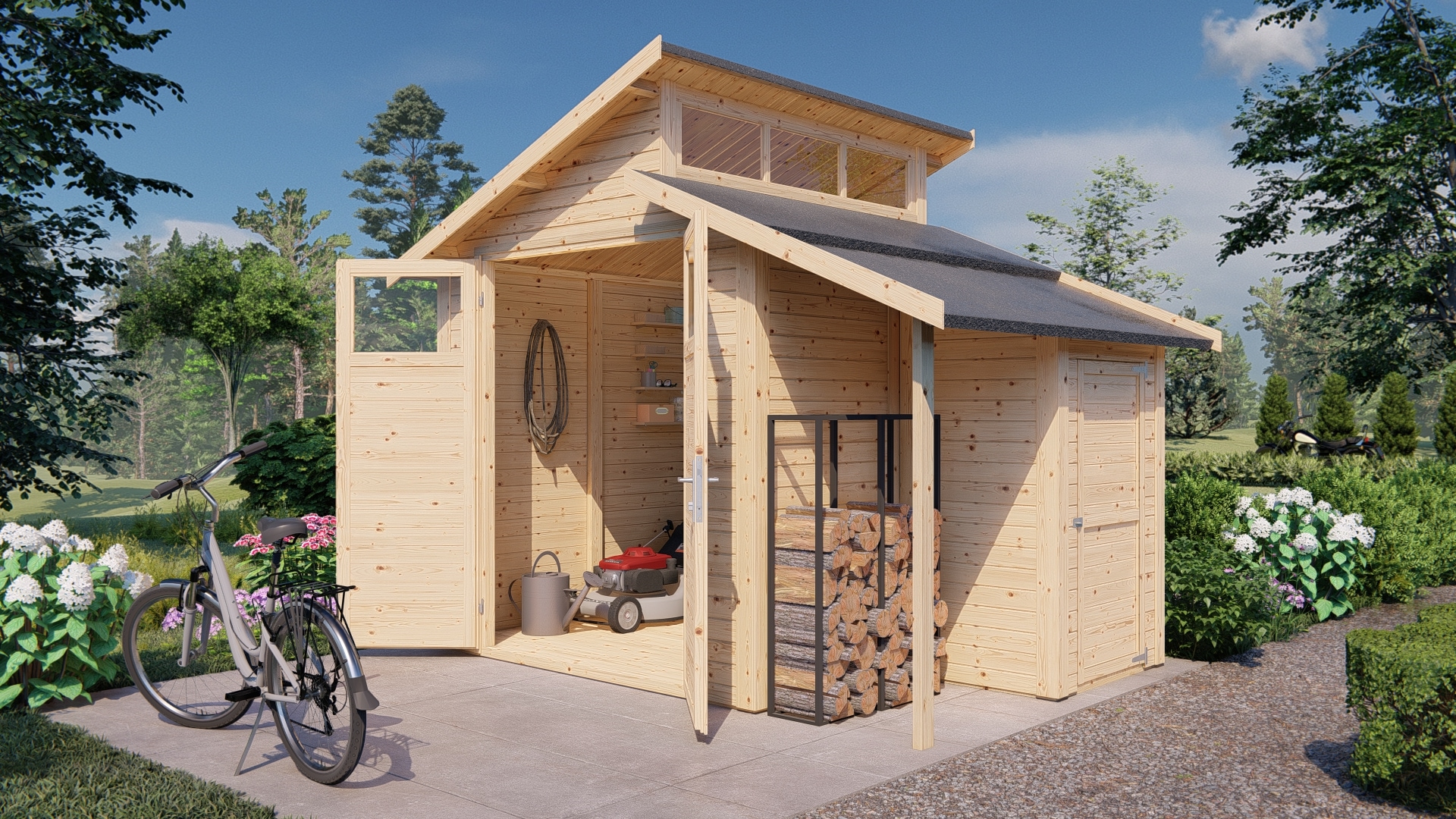 BERTILO Gartenhaus »Studio Set 2, in verschiedenen Farben«, mit Doppelpultdach, Oberlicht und Dachverlängerung + Wandschrank