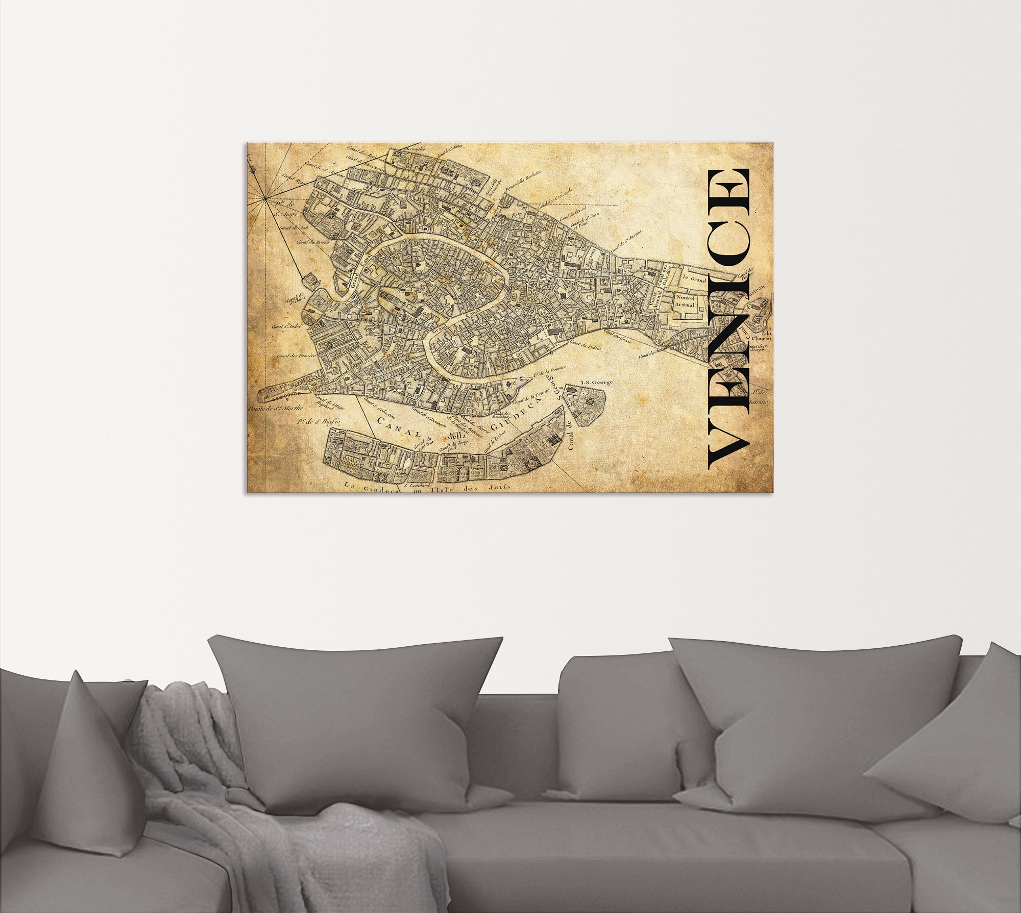Artland Wandbild »Venedig Karte Straßen Karte Sepia«, Italien, (1 St.), als Alubild, Leinwandbild, Wandaufkleber oder Poster in versch. Größen