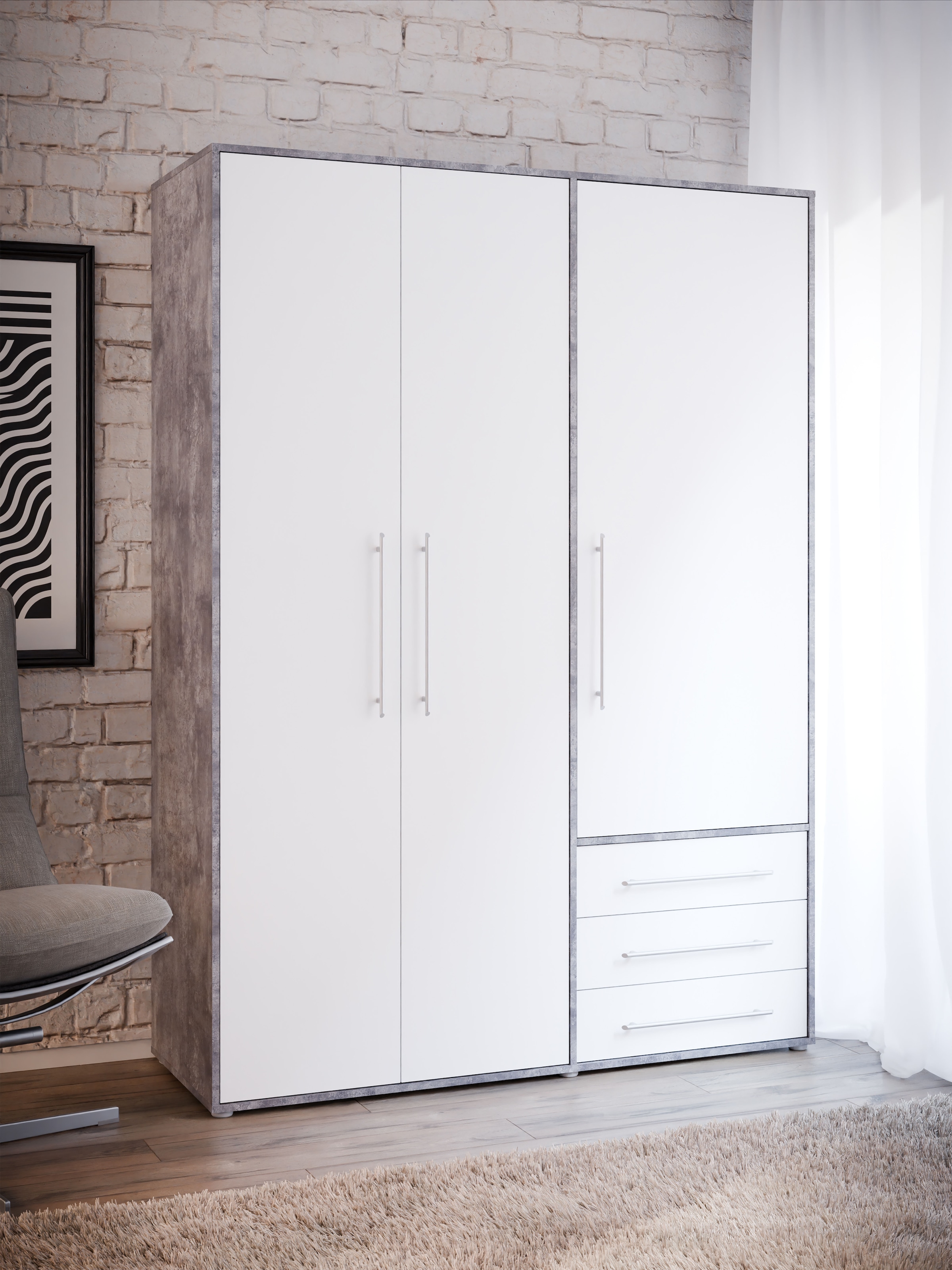 FORTE Drehtürenschrank "Kleiderschrank,zeitloses Design,3 türig" viel Stauraum, Schubladen, Stangengriffe, Made in Europe
